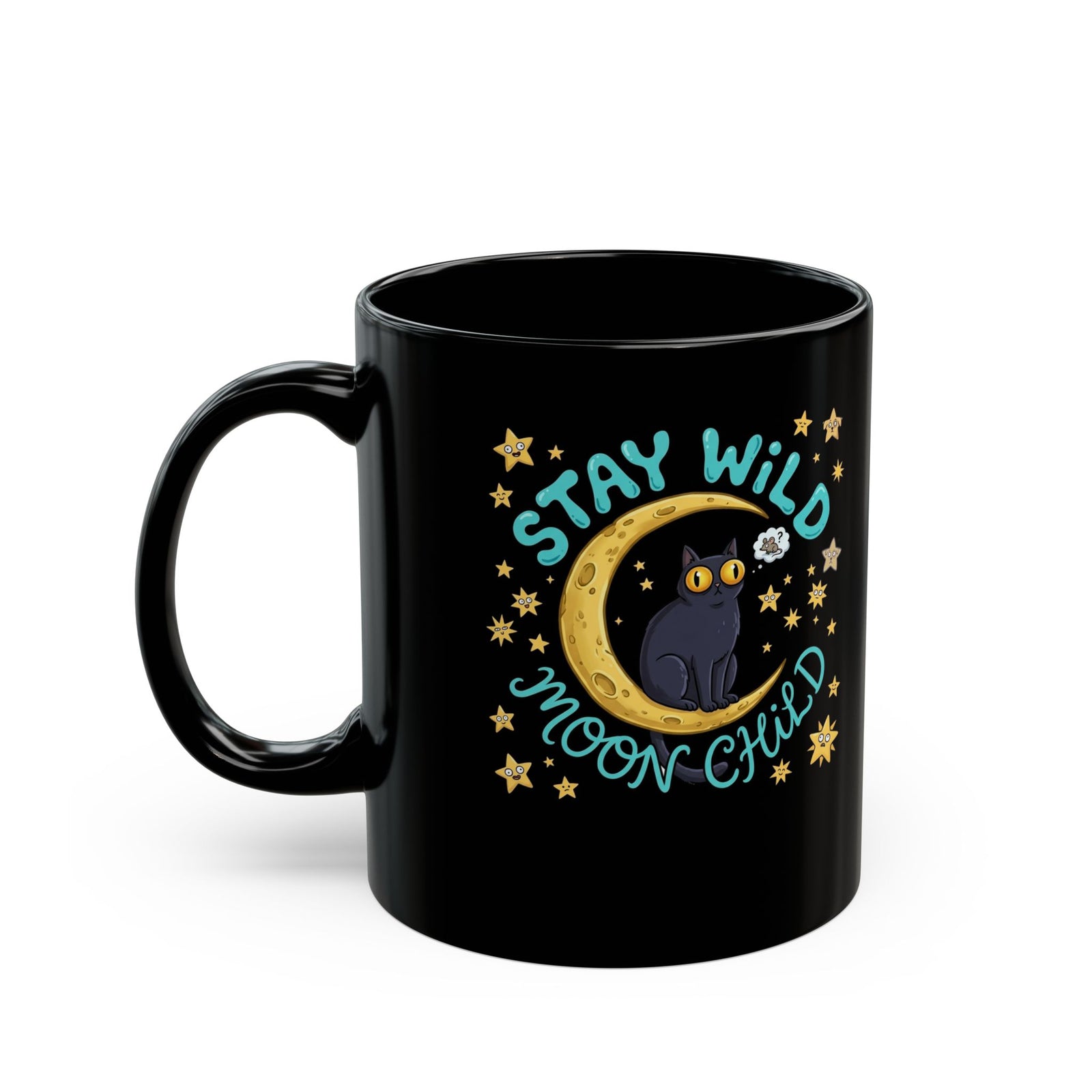 Cat 'Stay Wild Moon Child' Black Mug
