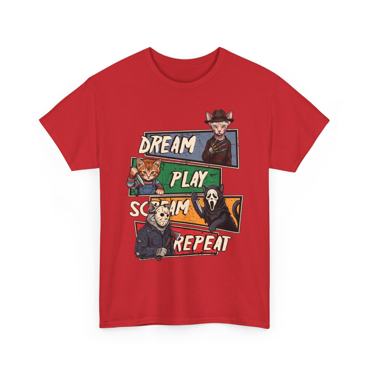 Dream Play Scream Repeat Horror Cats T-Shirt — Slasher Movie Icons Tee