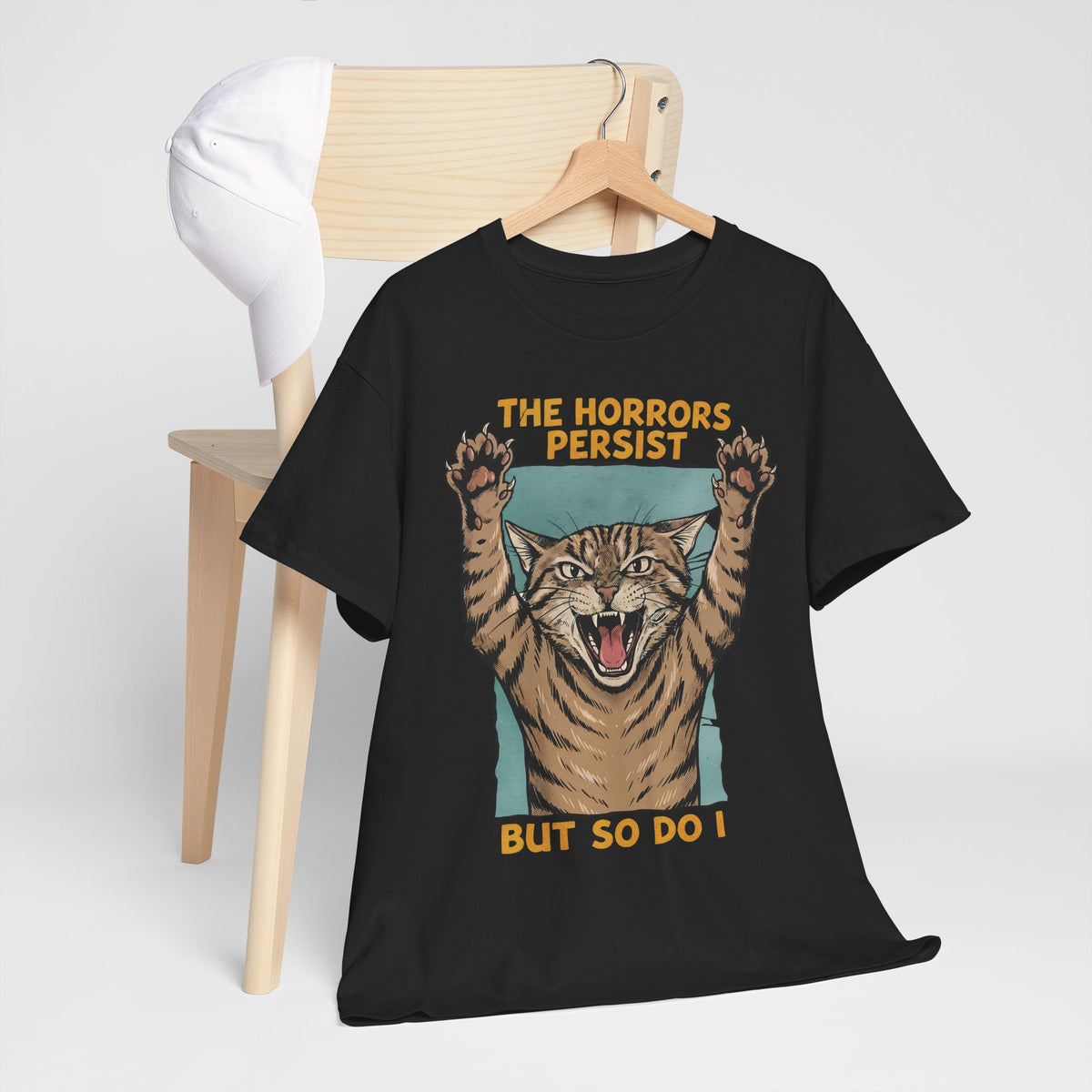 "The Horrors Persist But So Do I" Funny Screaming Cat T-Shirt