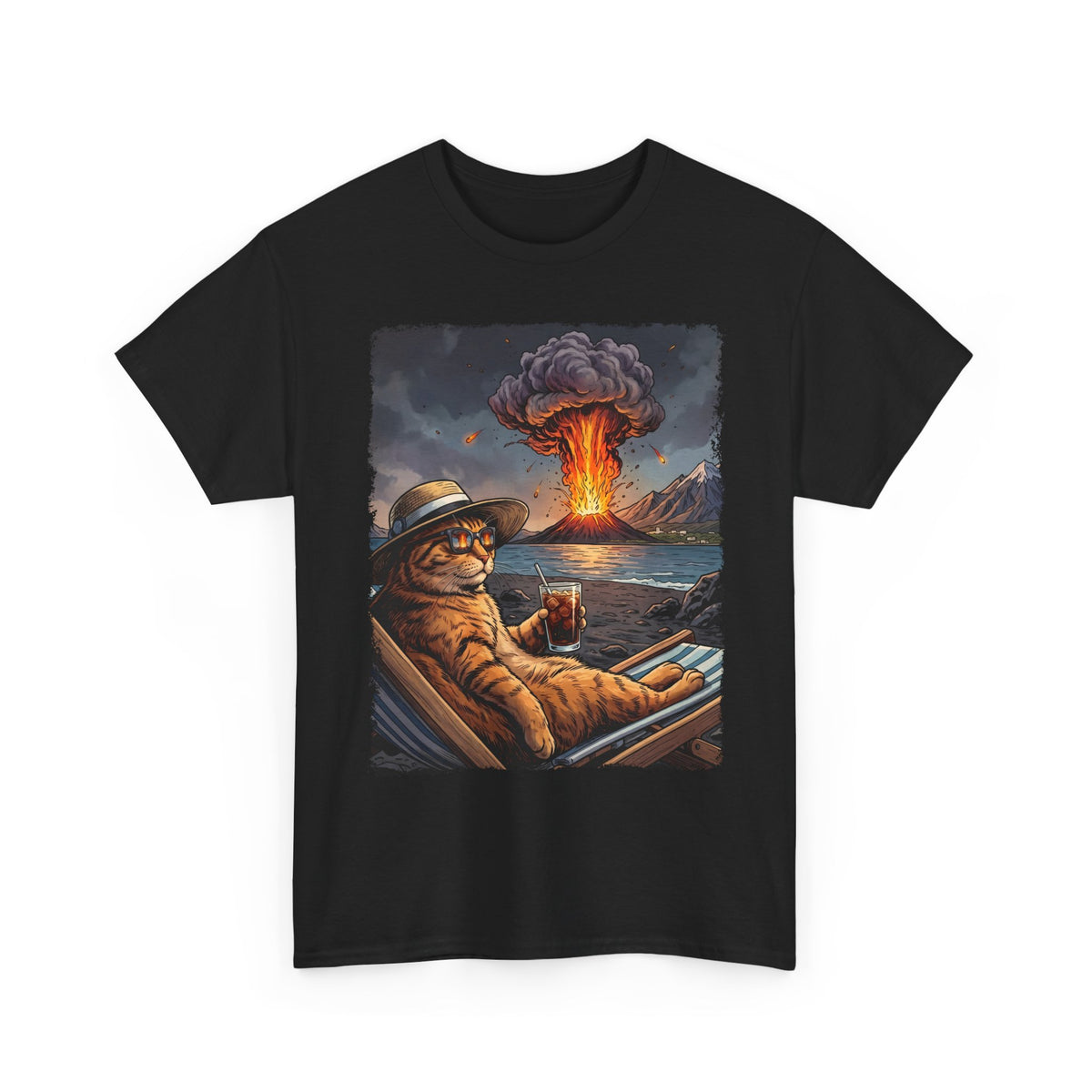 Unbothered Orange Cat Volcano T-Shirt — Funny Chaos Beach Lounging Tee