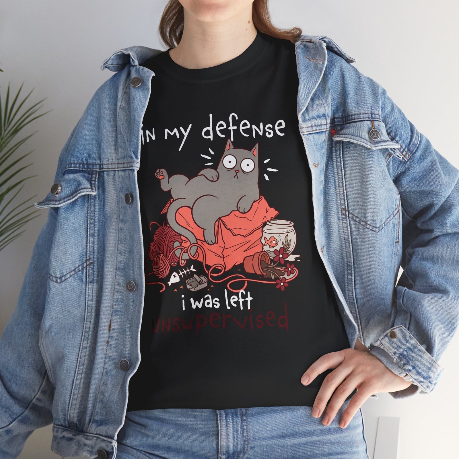 Cute Messy Cat T-Shirt — "In My Defense, I Was Left Unsupervised" Cat Tee