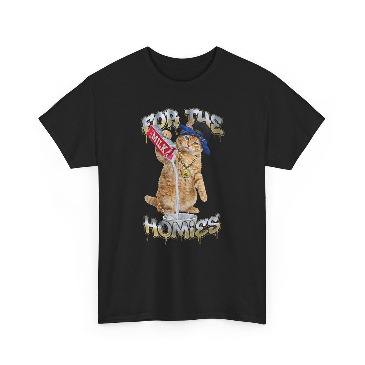 For The Homies Cat T-Shirt Funny Gangster Cat Graphic Tee, Milk Pouring Cat Shirt, Street Style Cat Lover Gift, Unisex Cotton T-Shirt
