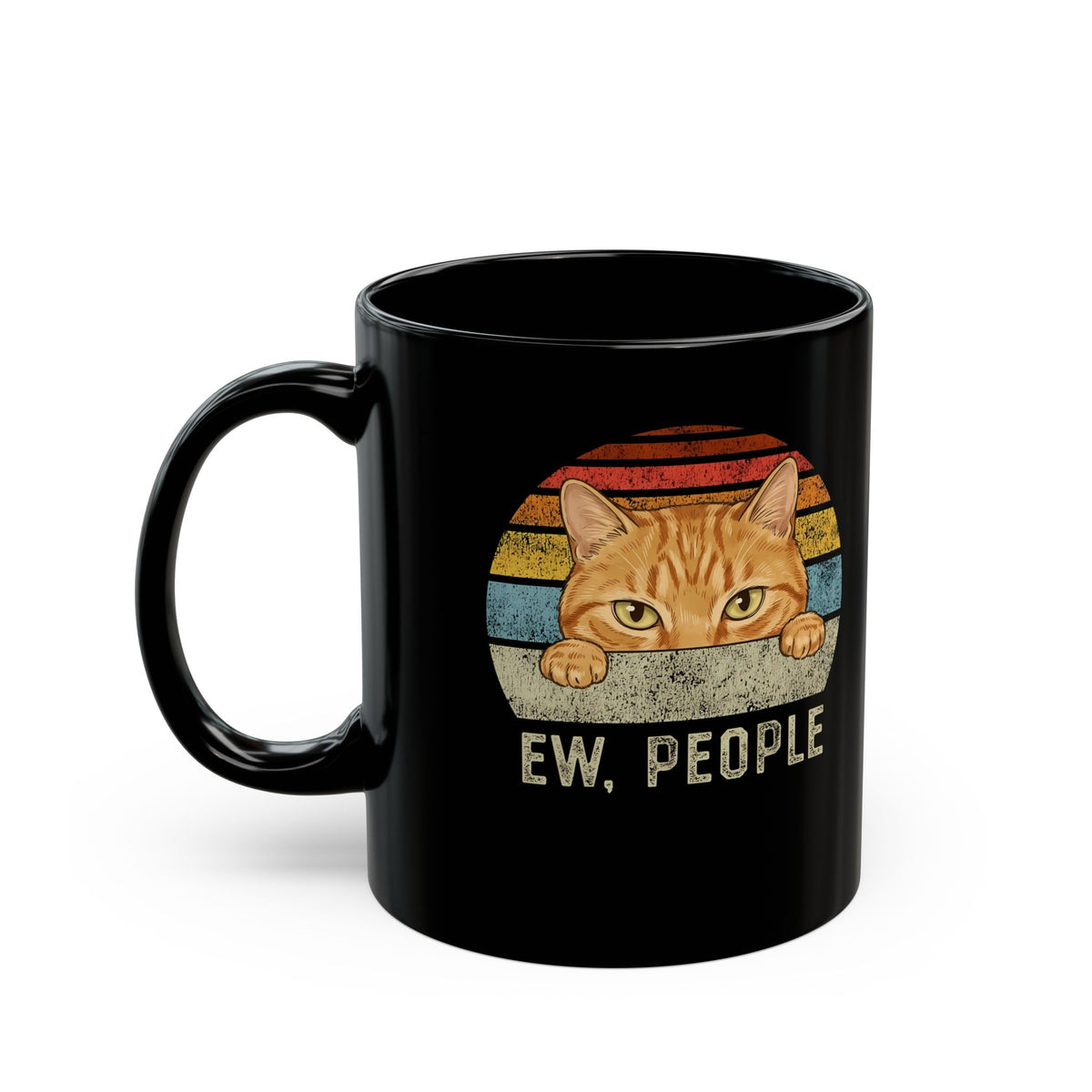 Ew People Orange Cat Black Mug — Funny Retro Sunset Introvert Graphic Mug