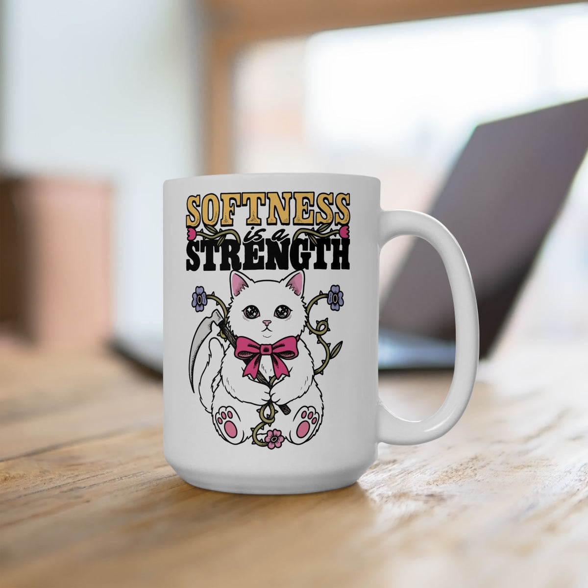 Softness Is A Strength Ceramic Mug — Funny Cute White Kitten Scythe Graphic Mug