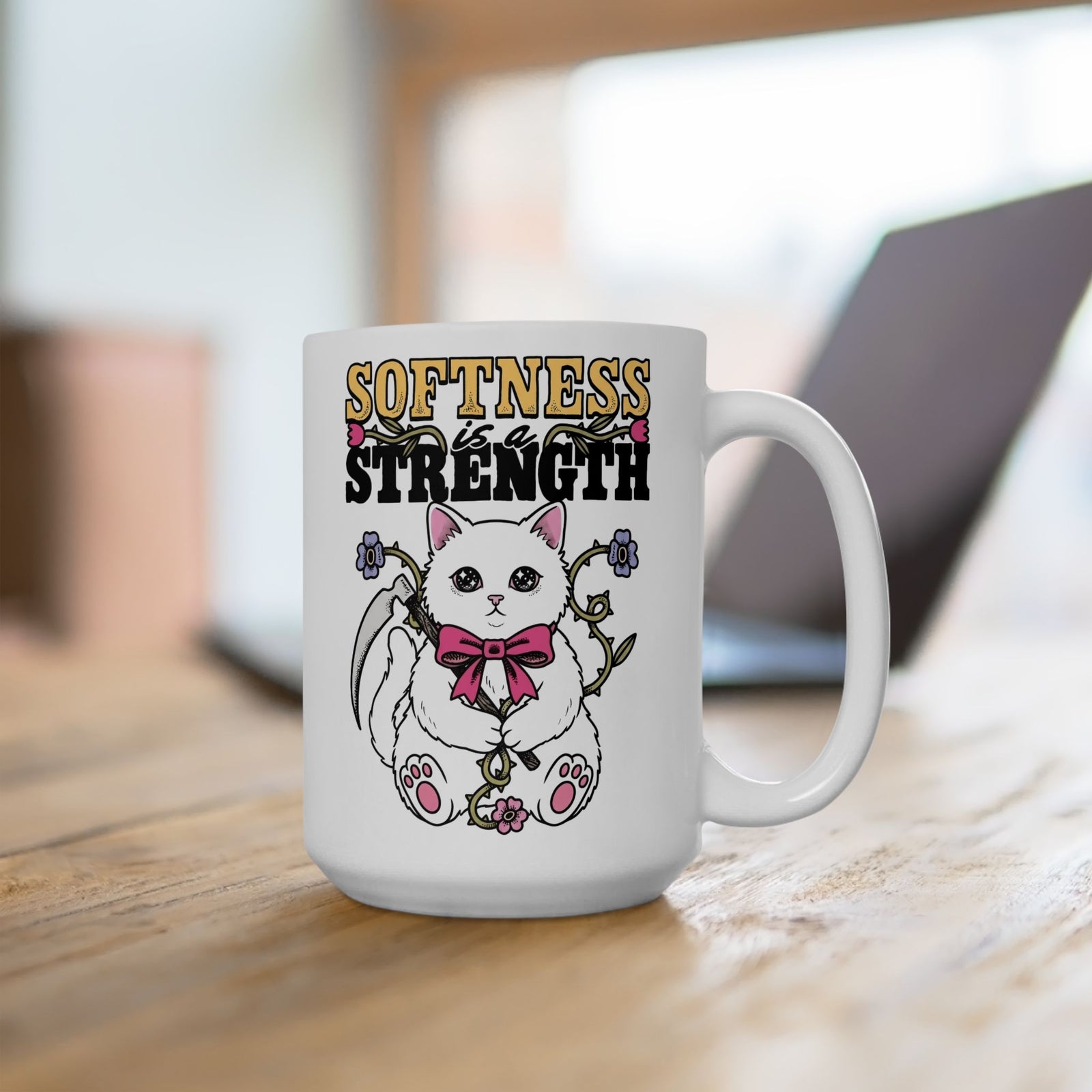 Softness Is A Strength Ceramic Mug — Funny Cute White Kitten Scythe Graphic Mug