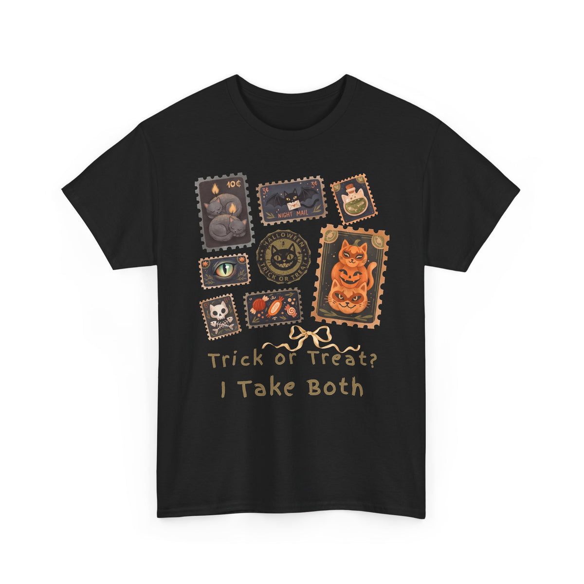 Vintage Halloween Postage Stamp Cats Shirt — Trick Or Treat I Take Both T-Shirt