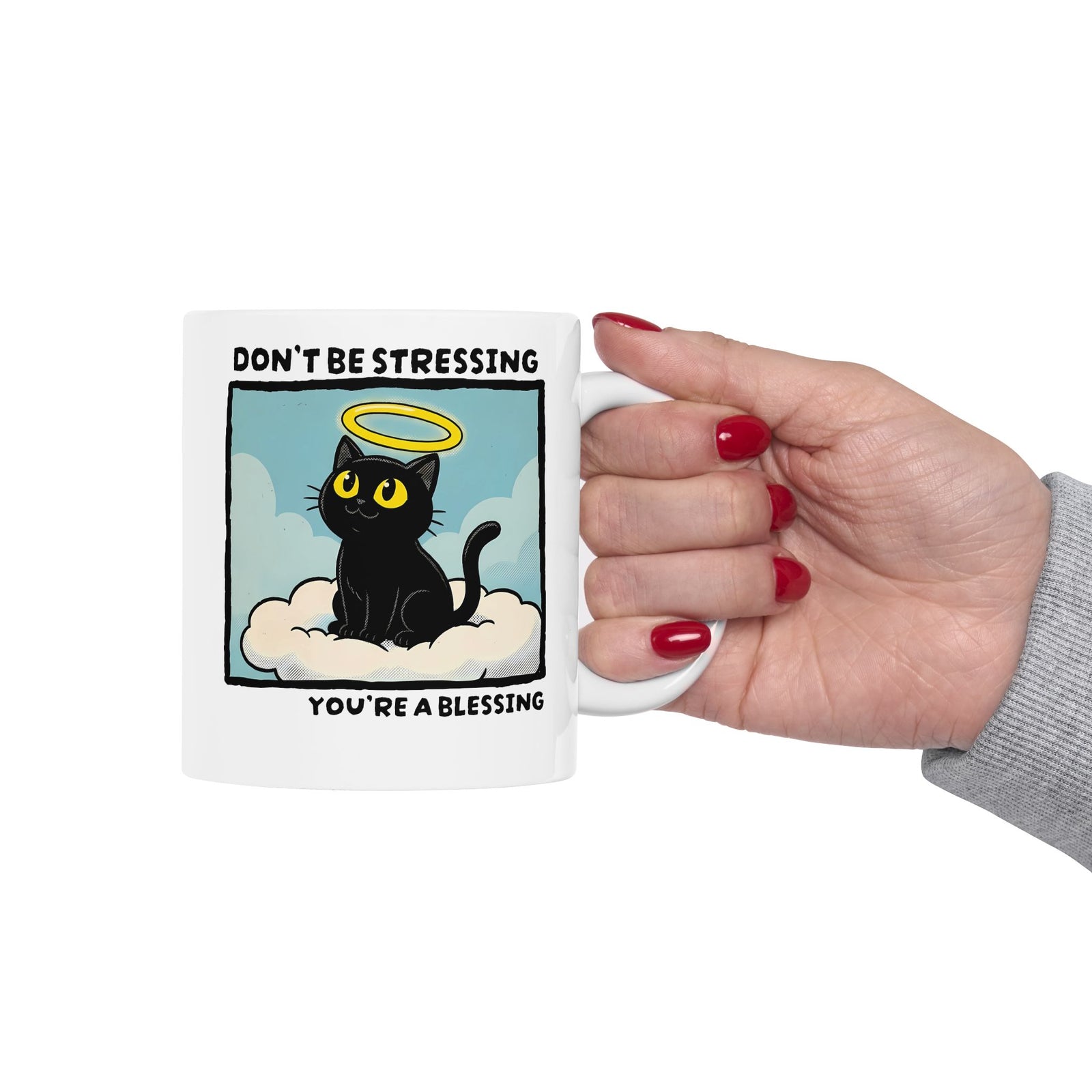 Funny Black Cat Angel Ceramic Mug “Don’t Be Stressing You’re a Blessing” Cute Cat Graphic Mug