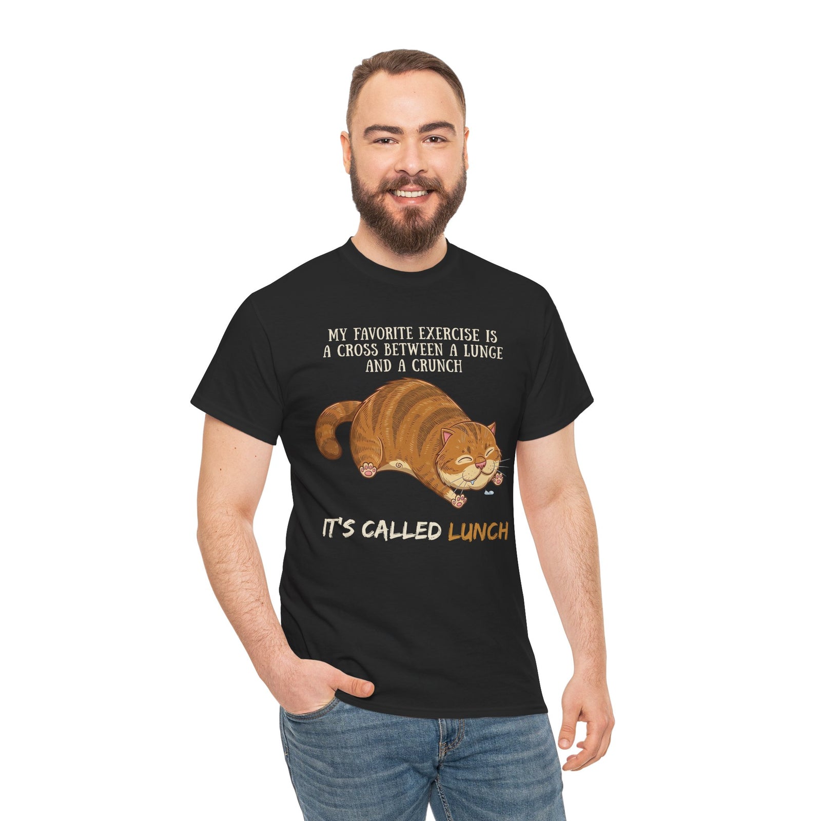 Funny Workout Cat T-Shirt — "Lunge Crunch Lunch"