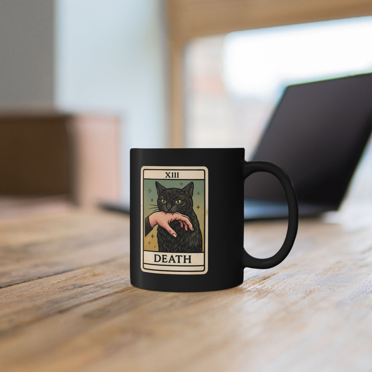 "Death" Tarot Card Black Cat Biting Hand Funny Black Mug