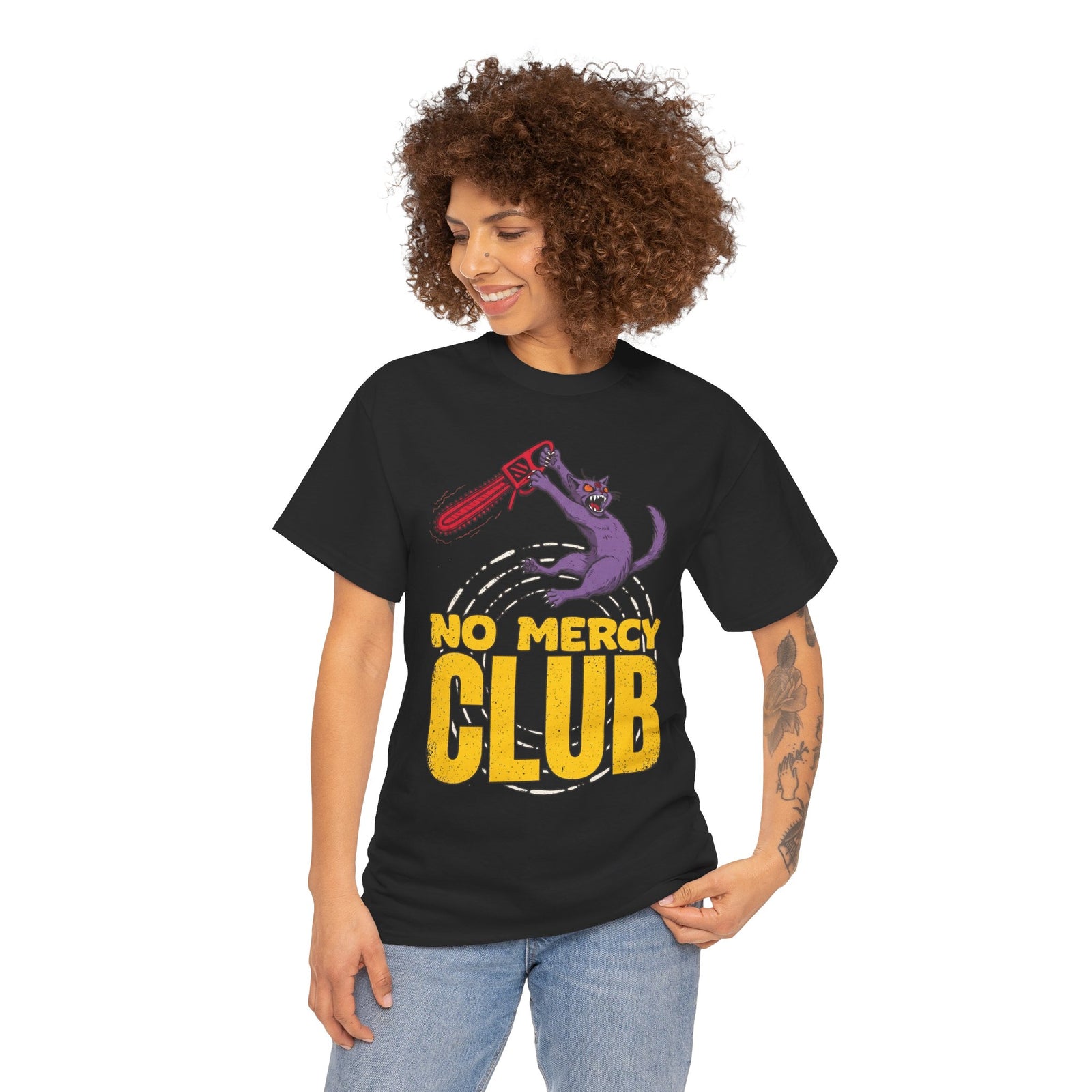 No Mercy Club Chainsaw Cat T-Shirt — Funny Unhinged Horror Cat Tee