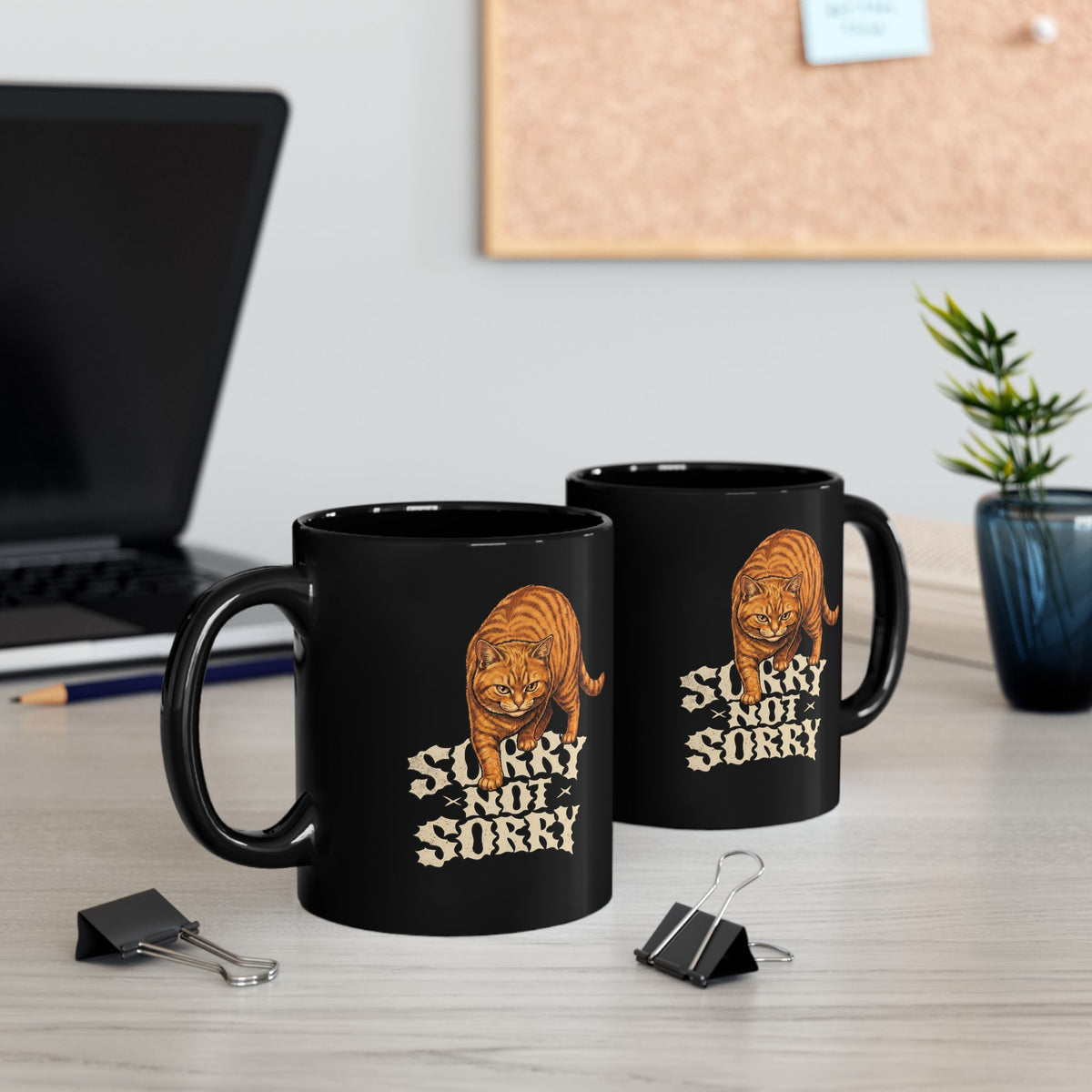 Sorry Not Sorry Cat Black Mug — Funny Sarcastic Orange Tabby Mug