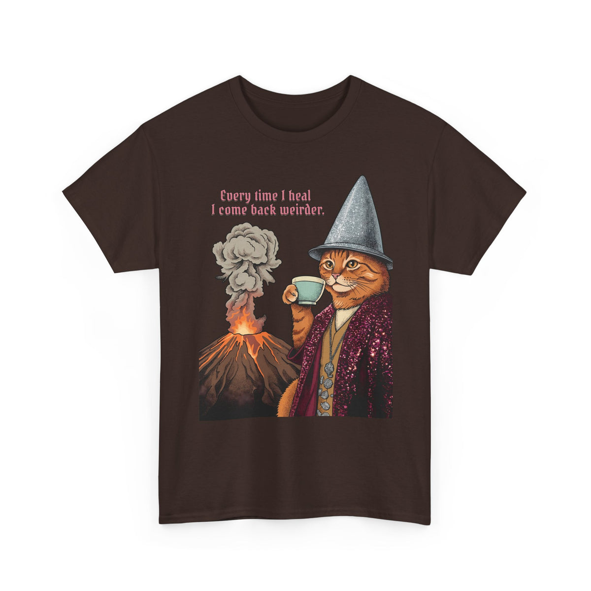 Weird Healing Journey Cat T-Shirt — Retro Feline Tea Time Aesthetic Shirt
