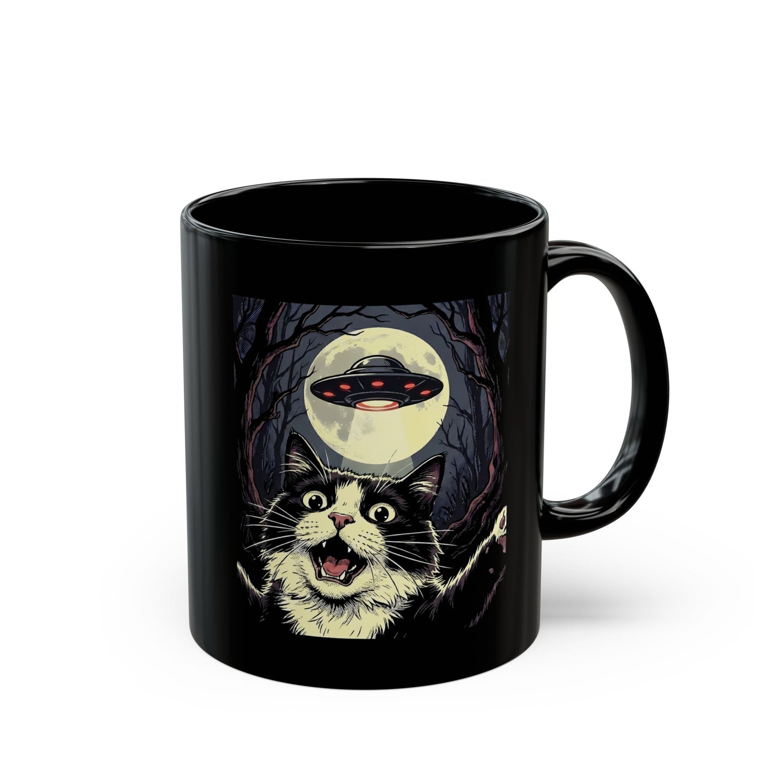 Cat Selfie With UFO Black Mug