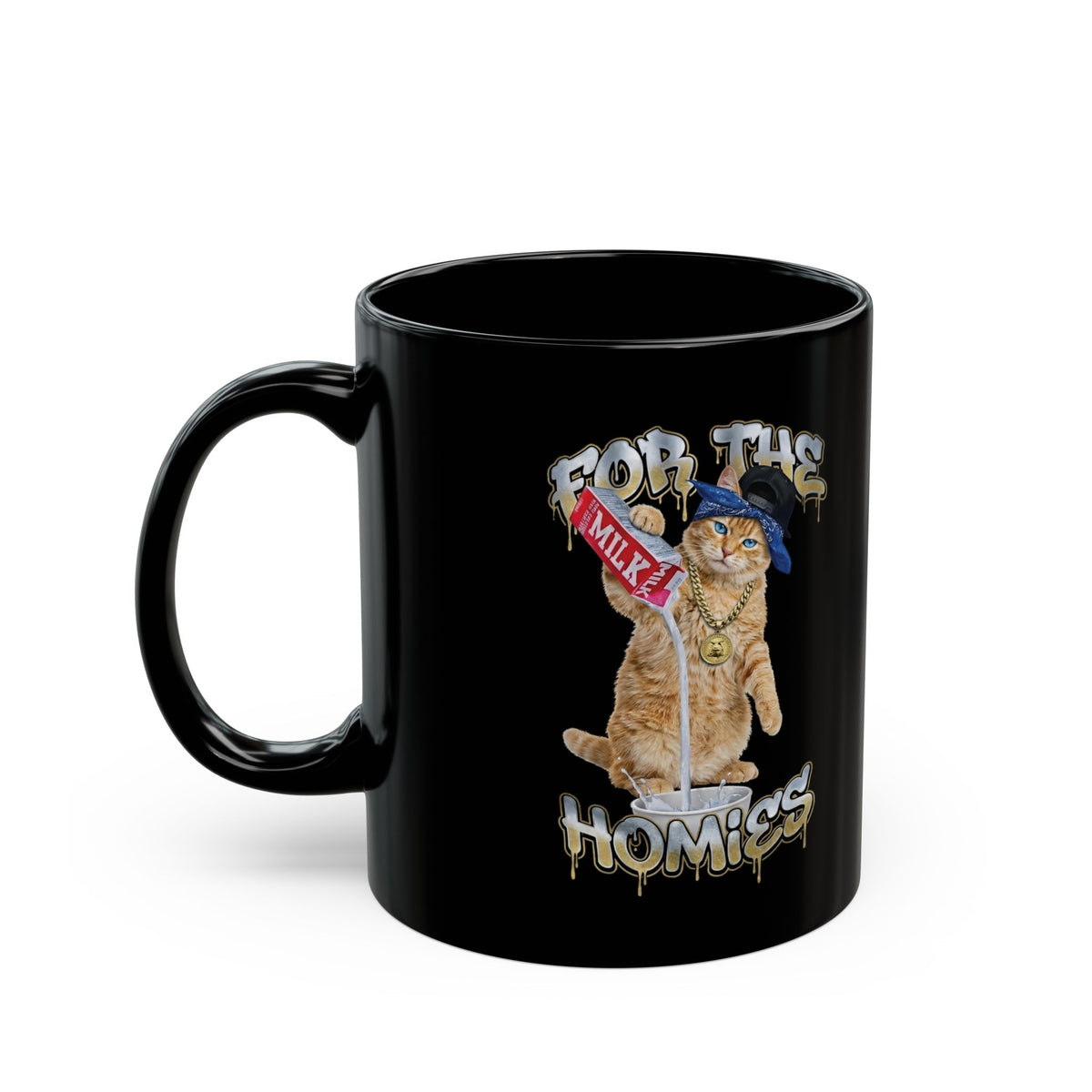 For The Homies Cat Black Mug Funny Gangster Cat Graphic Mug, Milk Pouring Cat Mug, Street Style Cat Lover Gift, Unisex Cotton Black Mug