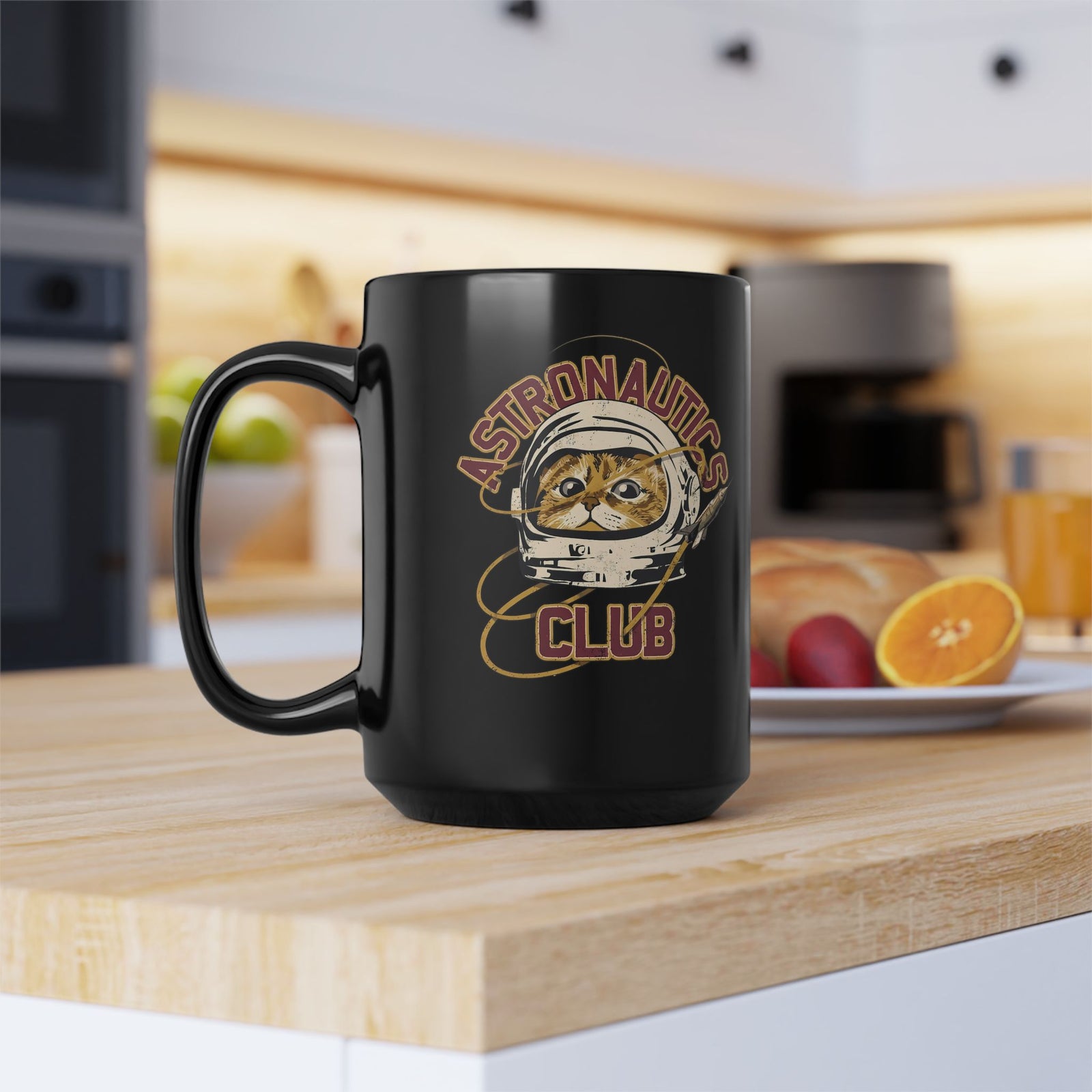 Astronautics Club Black Mug — Retro Space Cat Astronaut Graphic Mug