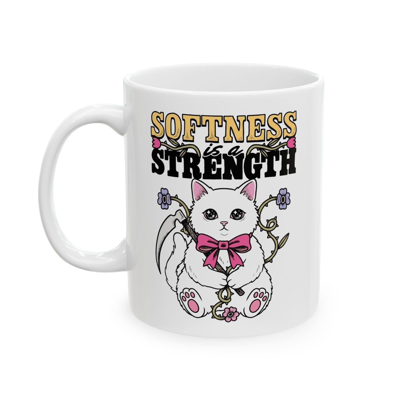 Softness Is A Strength Ceramic Mug — Funny Cute White Kitten Scythe Graphic Mug