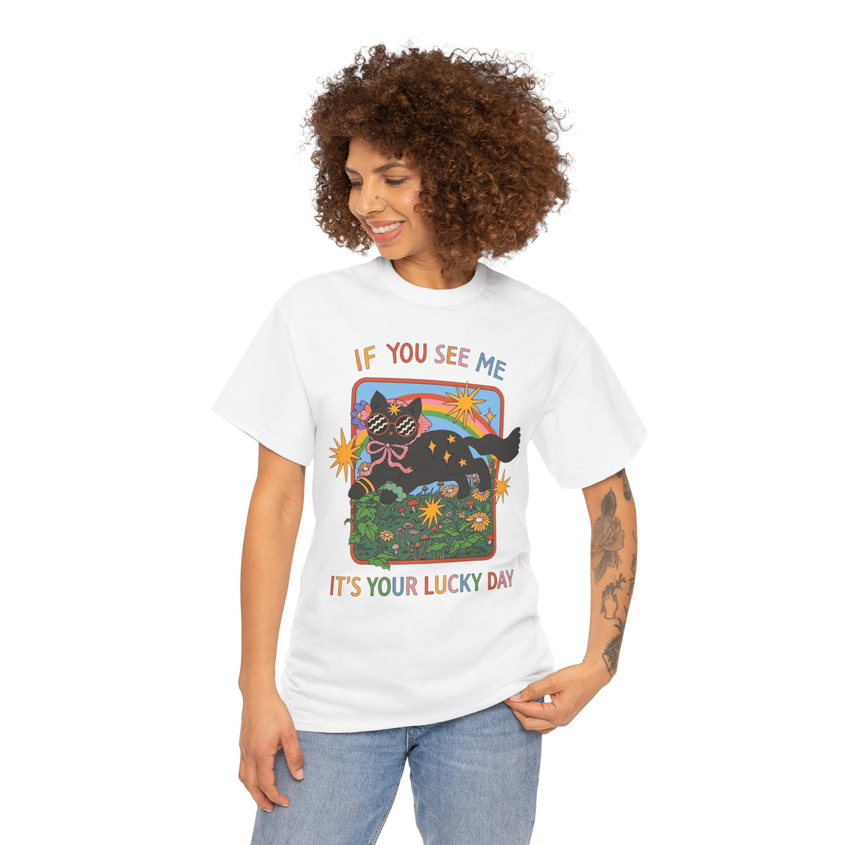 If You See Me It's Your Lucky Day T-Shirt — Retro Groovy Black Cat Rainbow Graphic Tee