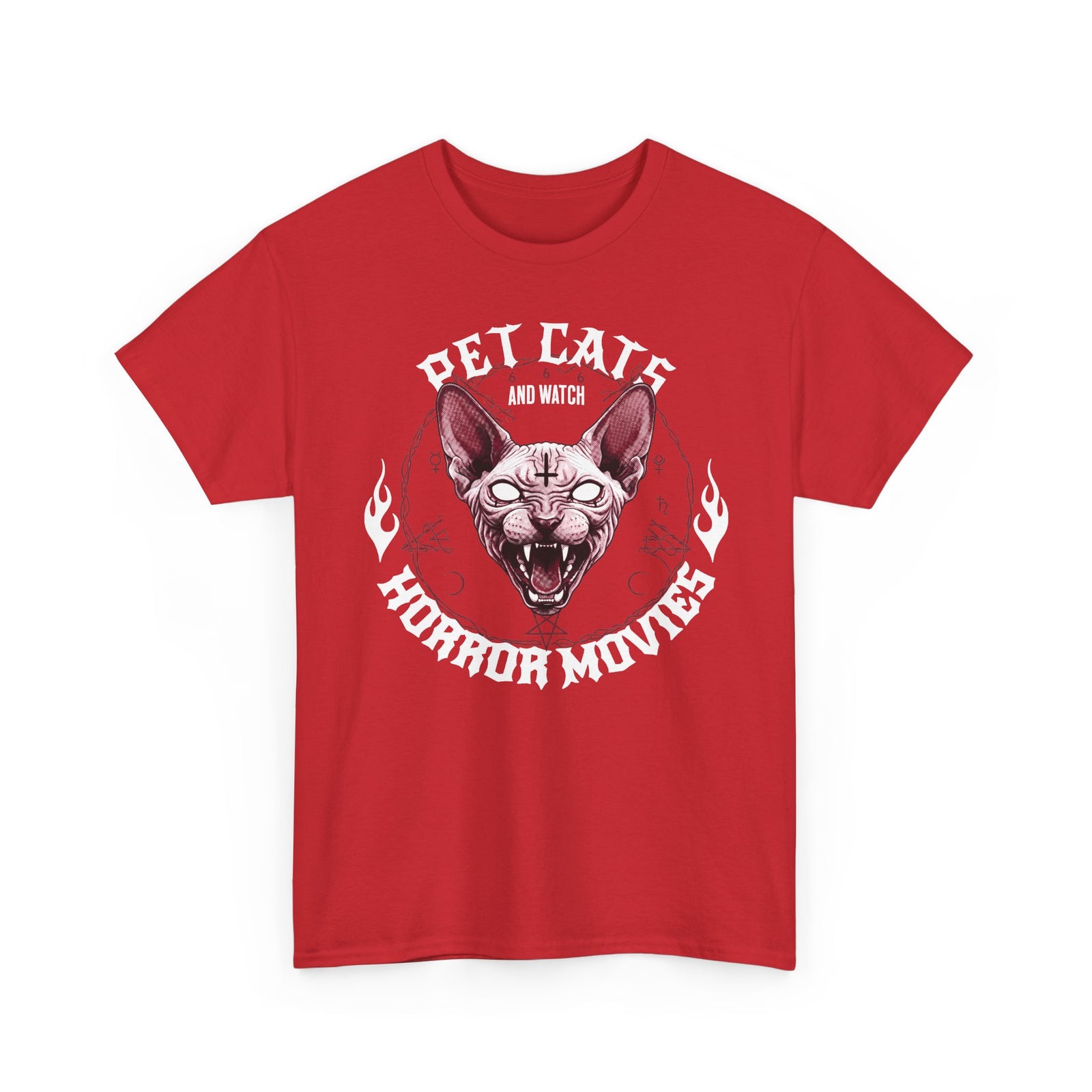 Pet Cats And Watch Horror Movies T-Shirt — Demonic Sphynx Cat Occult Tee
