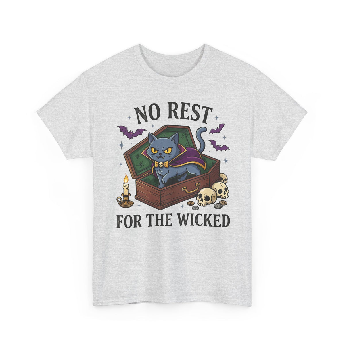 No Rest For The Wicked Cat Tee — Halloween Cat Coffin Graphic T-Shirt
