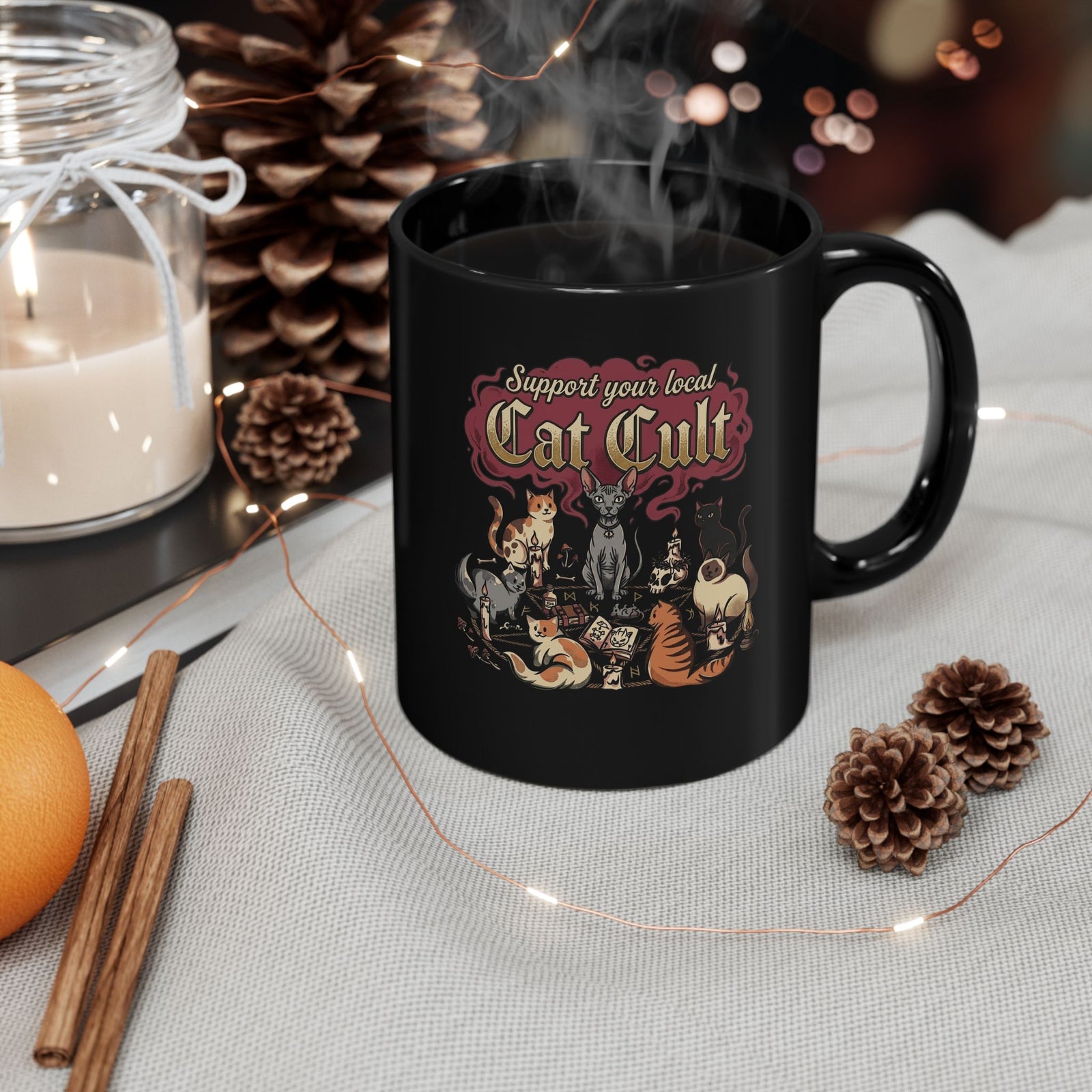 Support Your Local Cat Cult Black Mug — Funny Cat Lover Mug