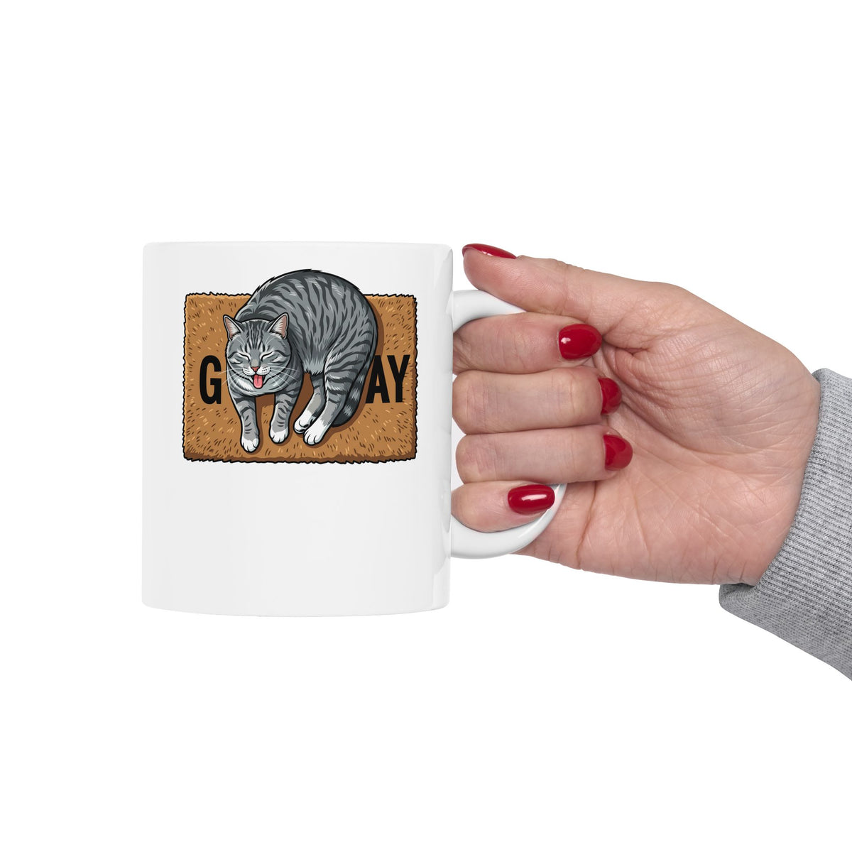 Funny Gay Cat Ceramic Mug — Cute Grey Tabby LGBTQ Pride Mug