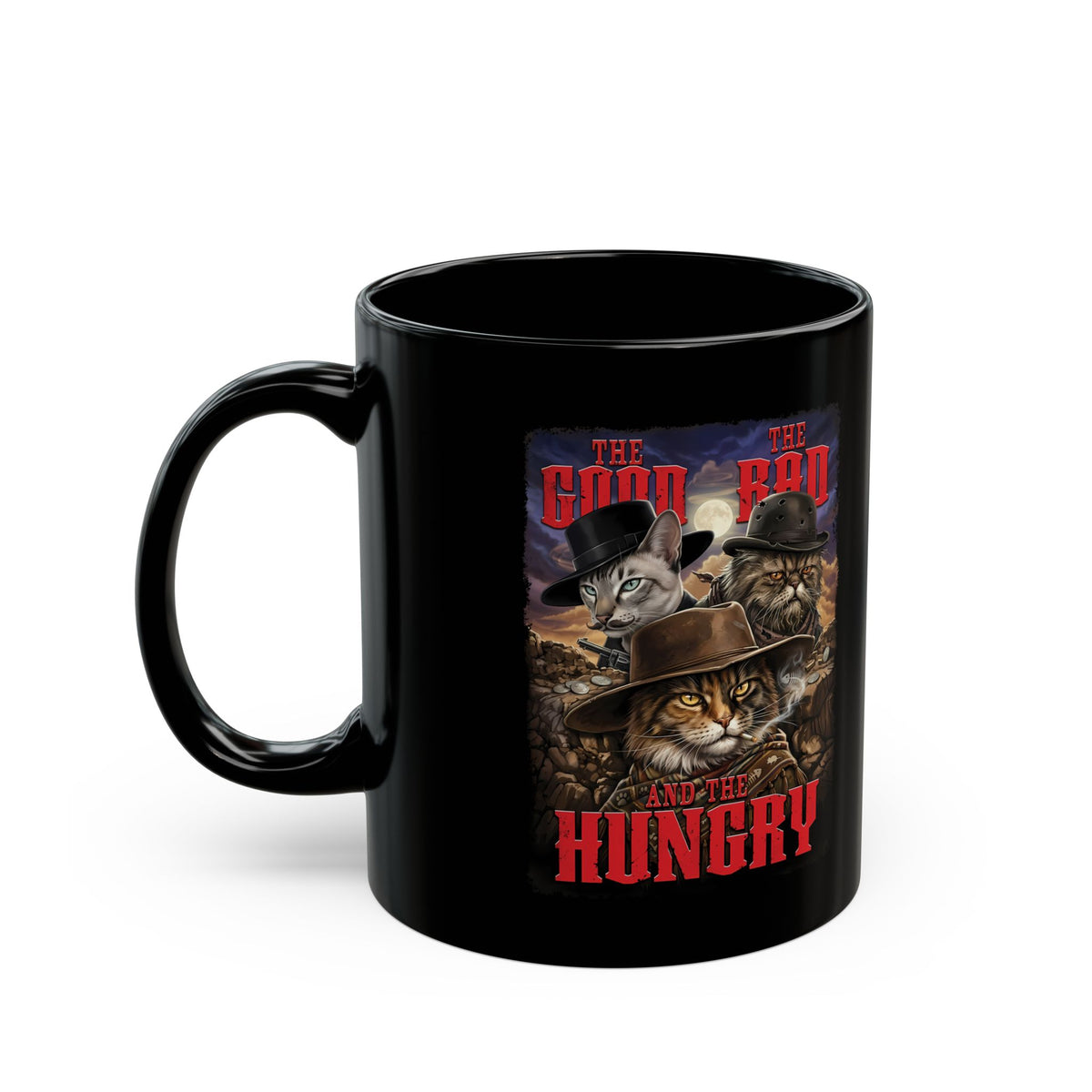 The Good The Bad The Hungry — Cat Parody Black Mug