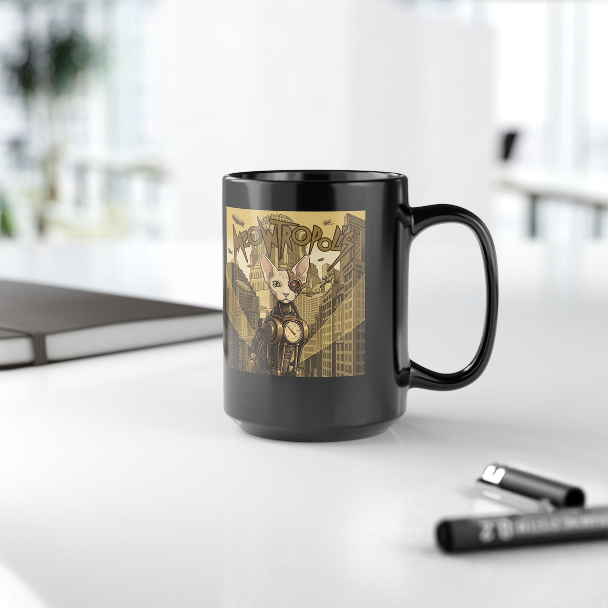 Meowtropolis Sci‑Fi Cat Black Mug — Futuristic Cat Graphic Mug