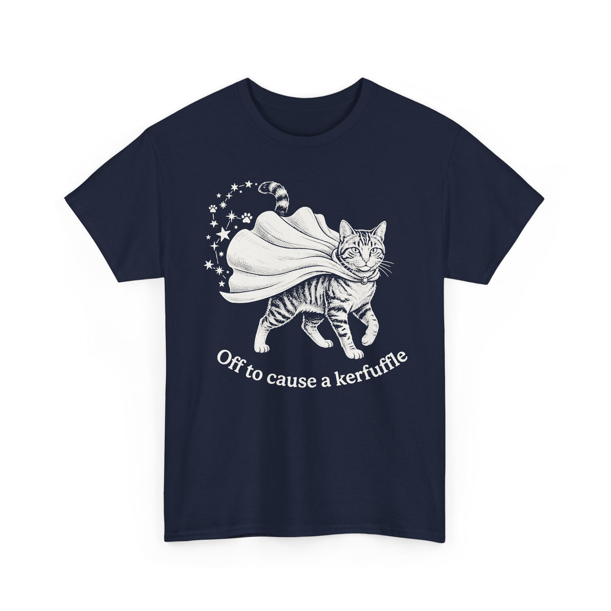 Cat Cape T-Shirt — "Off to cause a kerfuffle" Cute Mischief Cat Tee