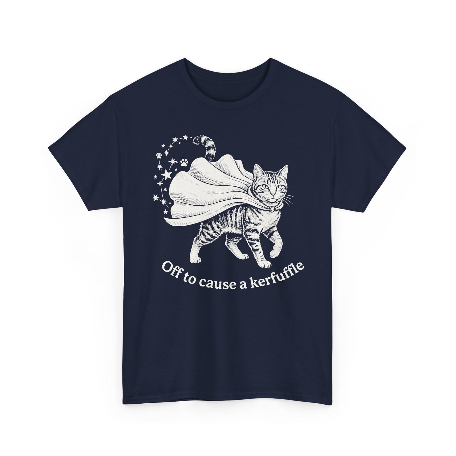 Cat Cape T-Shirt — "Off to cause a kerfuffle" Cute Mischief Cat Tee