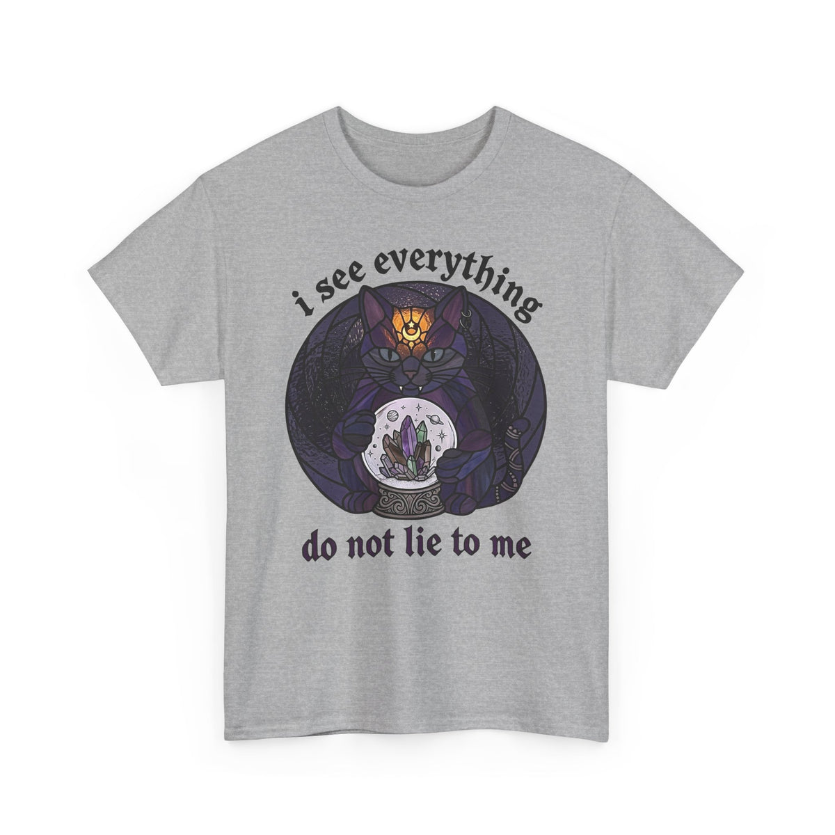 Mystic Fortune Teller Cat T-Shirt "I See Everything" Stained Glass Spiritual Kitten