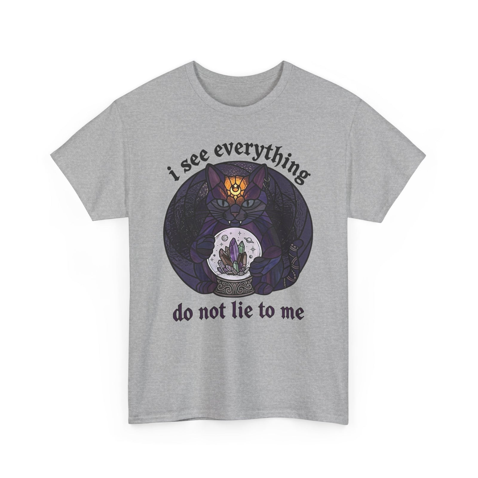 Mystic Fortune Teller Cat T-Shirt "I See Everything" Stained Glass Spiritual Kitten