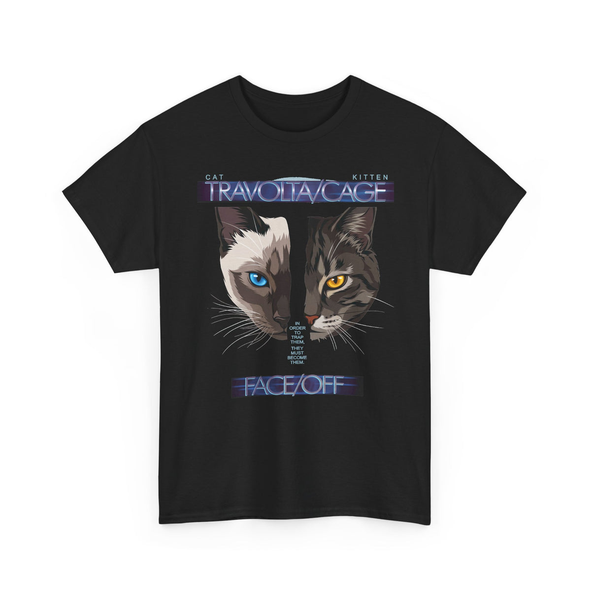 Face/Off Cat Tee — "Travolta/Cage" Split-Face Retro Movie Parody T-Shirt