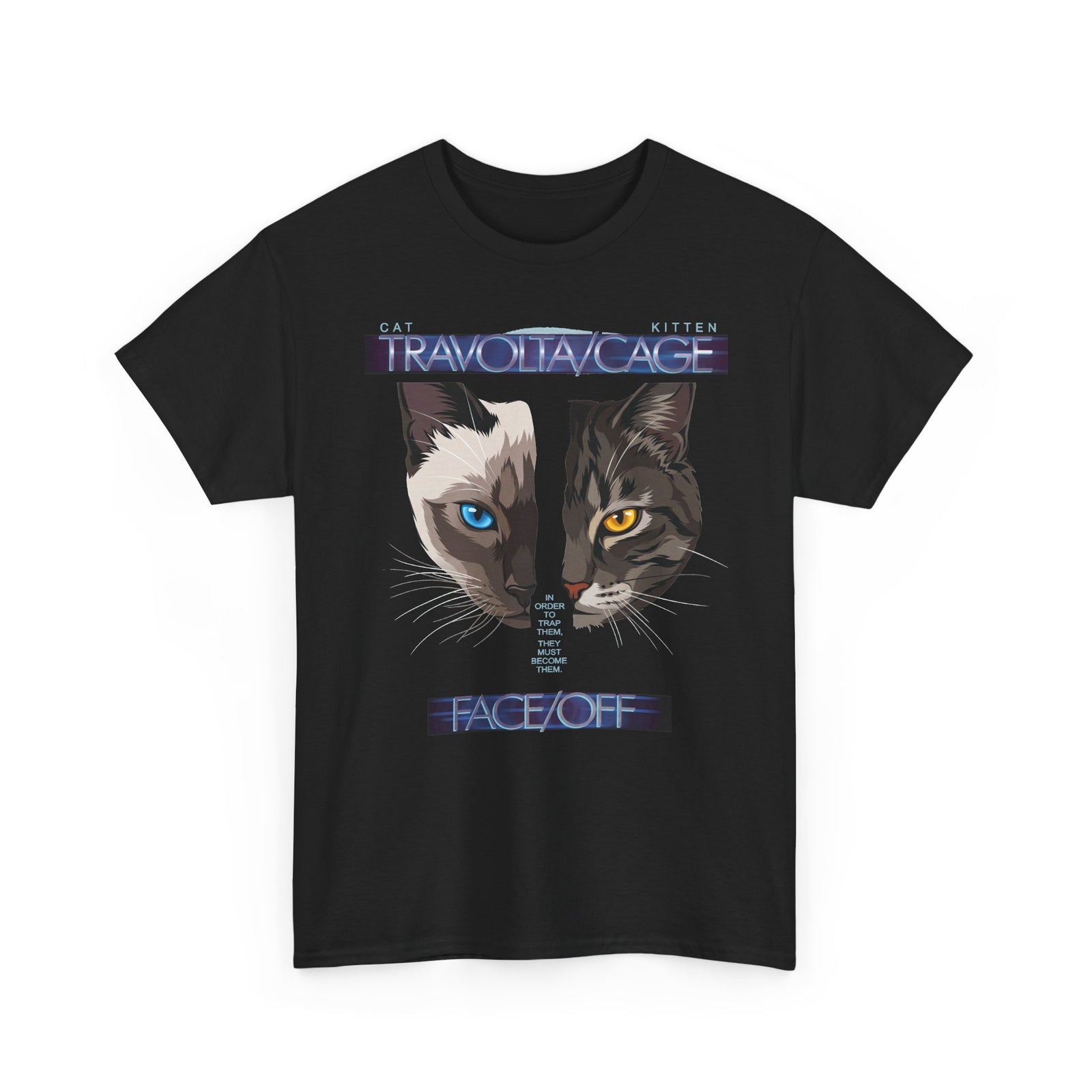 Face/Off Cat Tee — "Travolta/Cage" Split-Face Retro Movie Parody T-Shirt