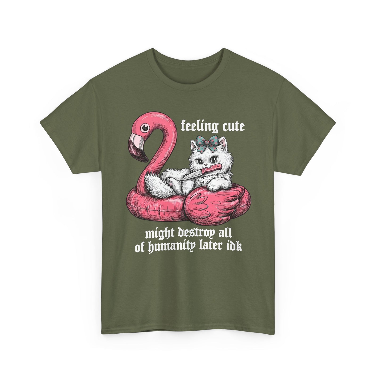 Feeling Cute Might Destroy Humanity T-Shirt — Creepy Cute Flamingo Knife Cat Tee