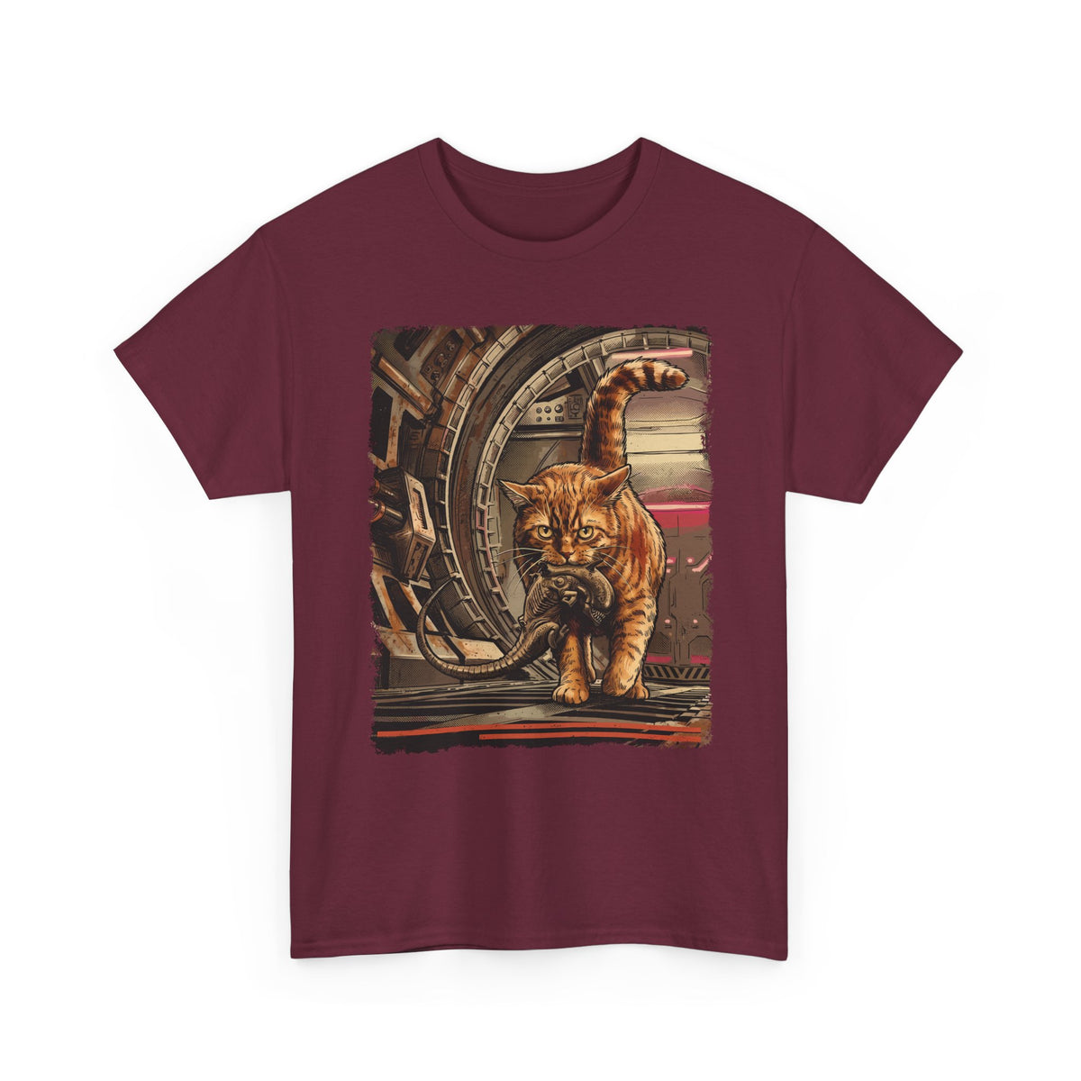 Sci-Fi Pest Control Cat T-Shirt — Alien Hunter Orange Tabby Graphic