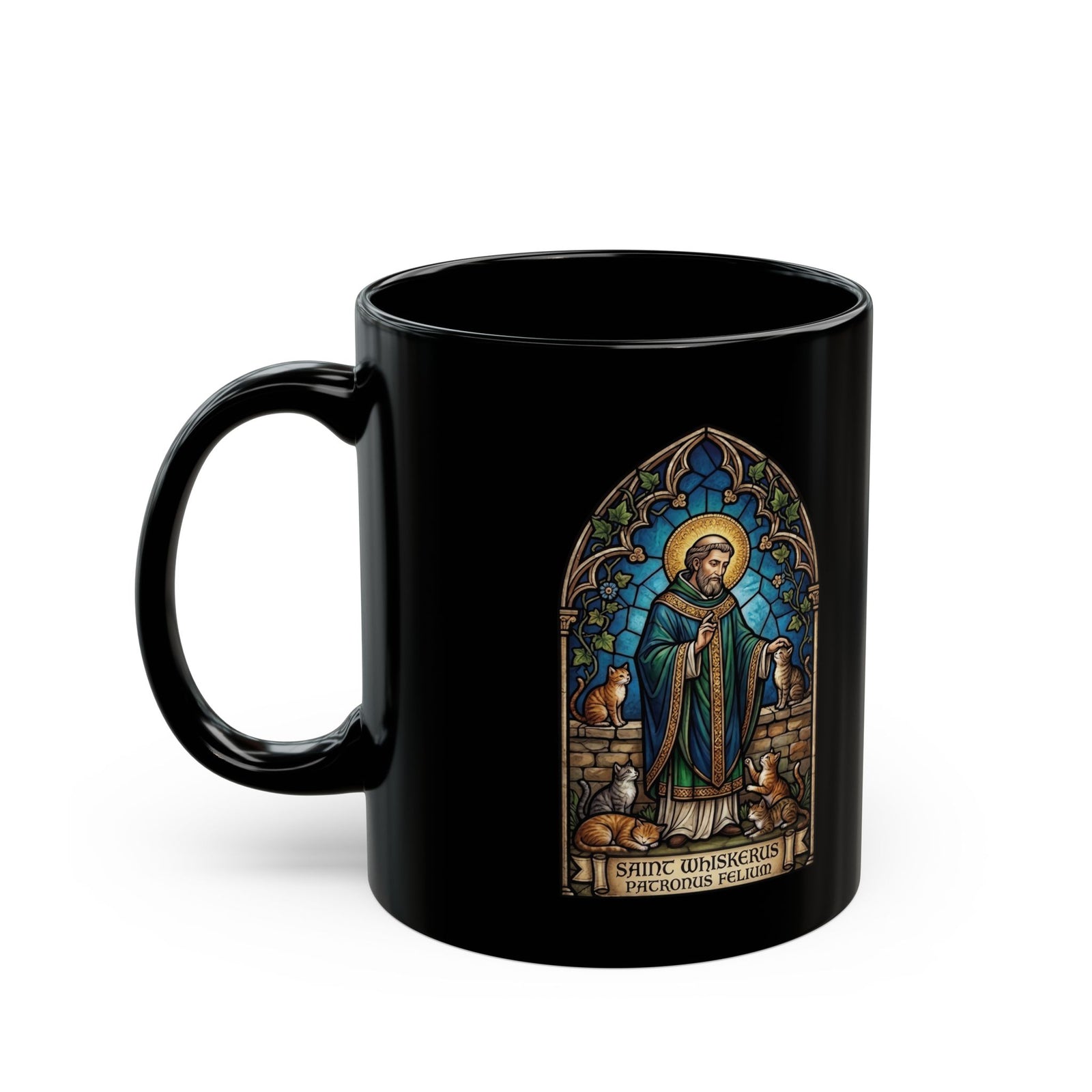 Patronus Felium 'Saint Whiskerus' Black Mug