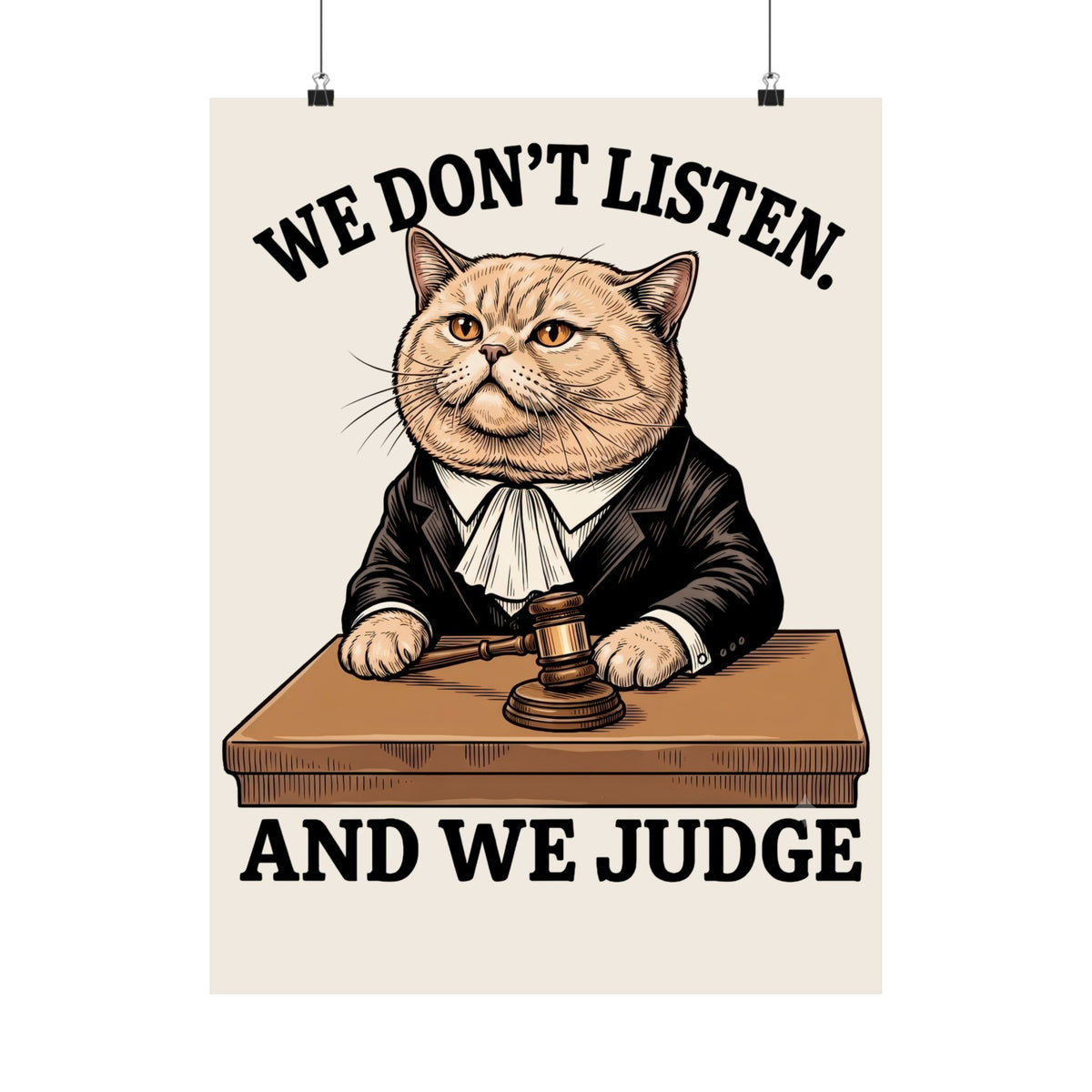 We Don't Listen And We Judge Poster — Funny Judge Cat Graphic Poster