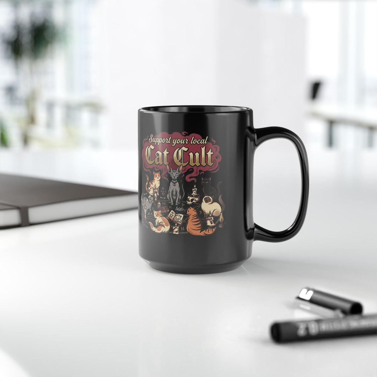 Support Your Local Cat Cult Black Mug — Funny Cat Lover Mug