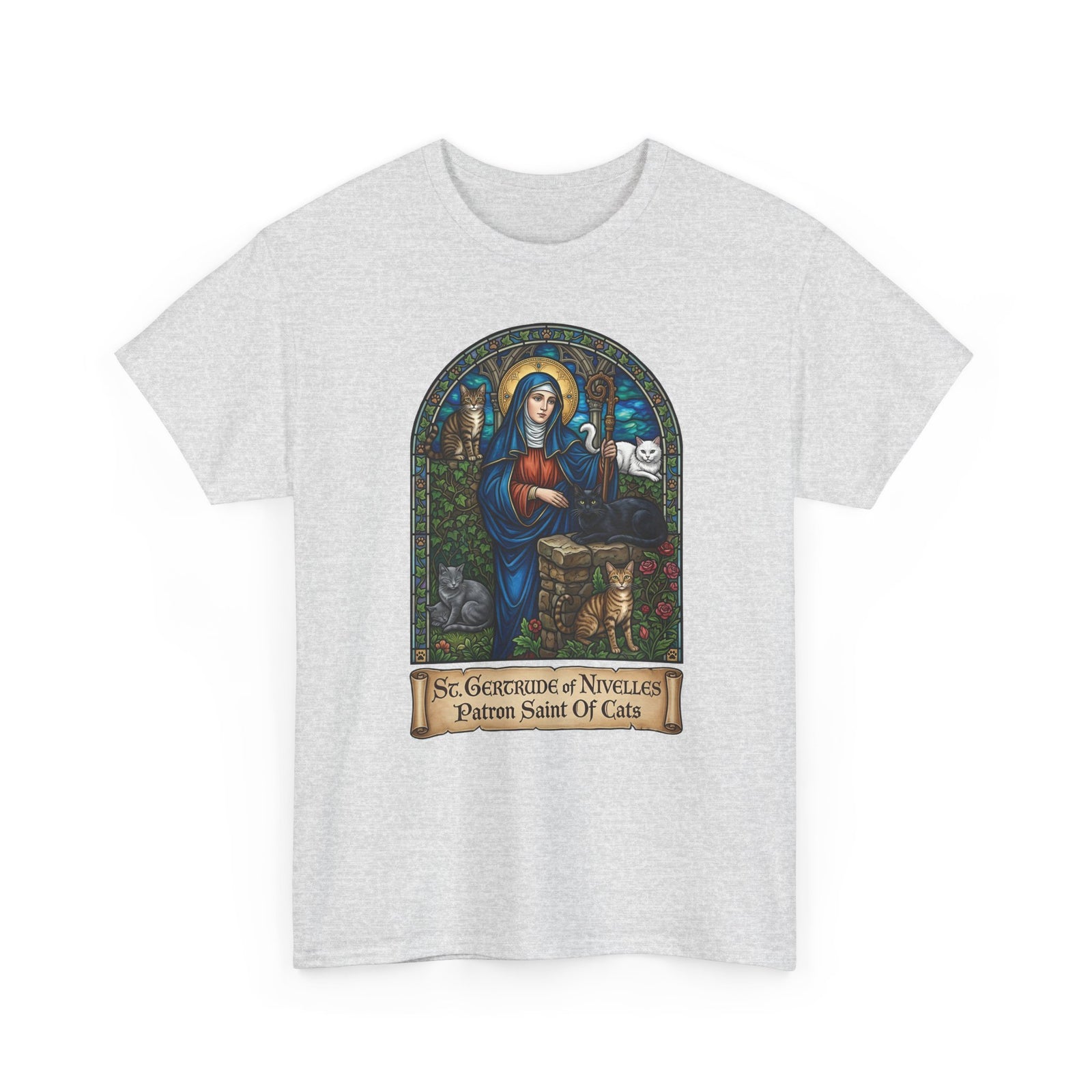 Saint Gertrude of Nivelles Cat Patron T-Shirt — Patron Saint of Cats Tee