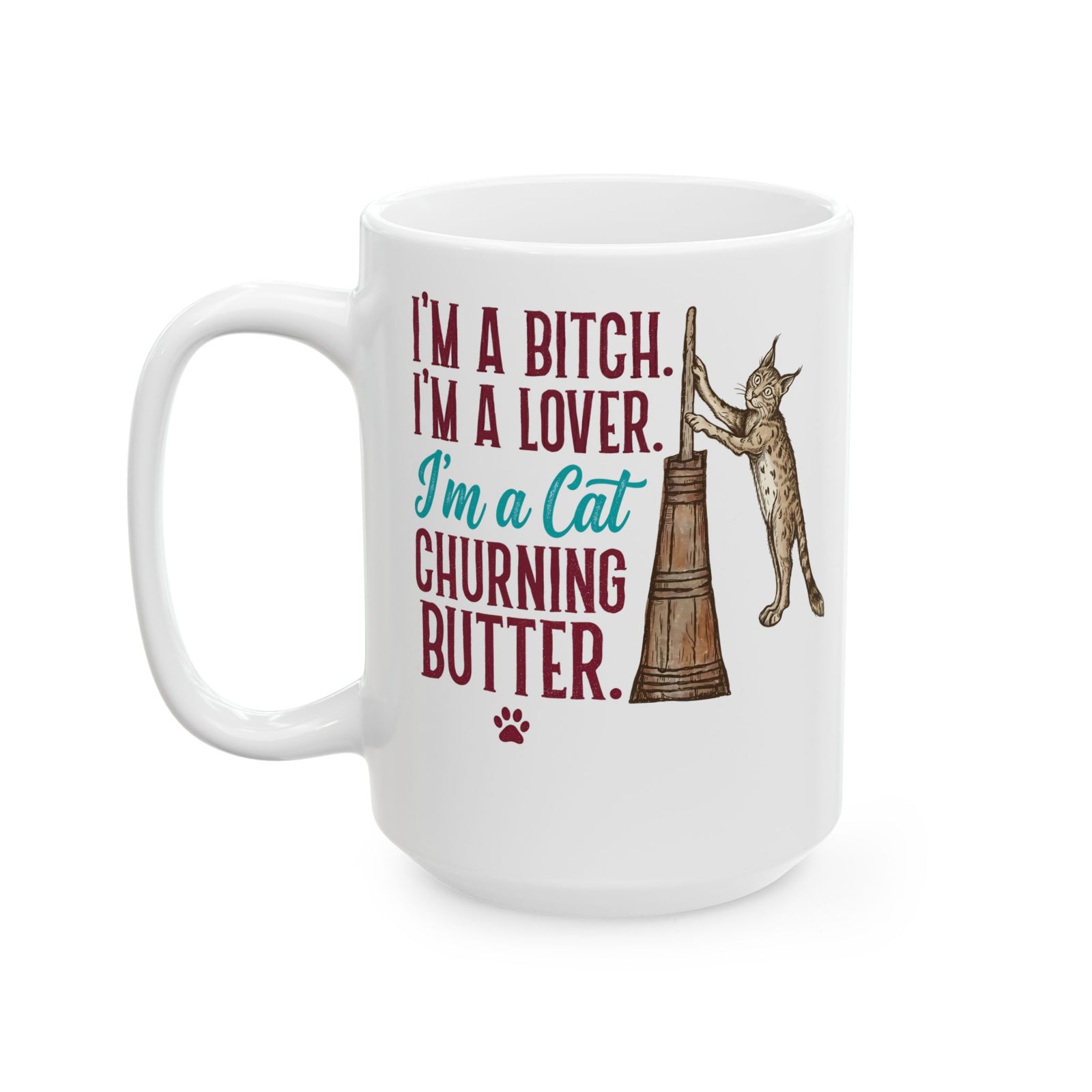 “I'm a Cat Churning Butter” Ceramic Mug — Funny Whimsical Cat Mug