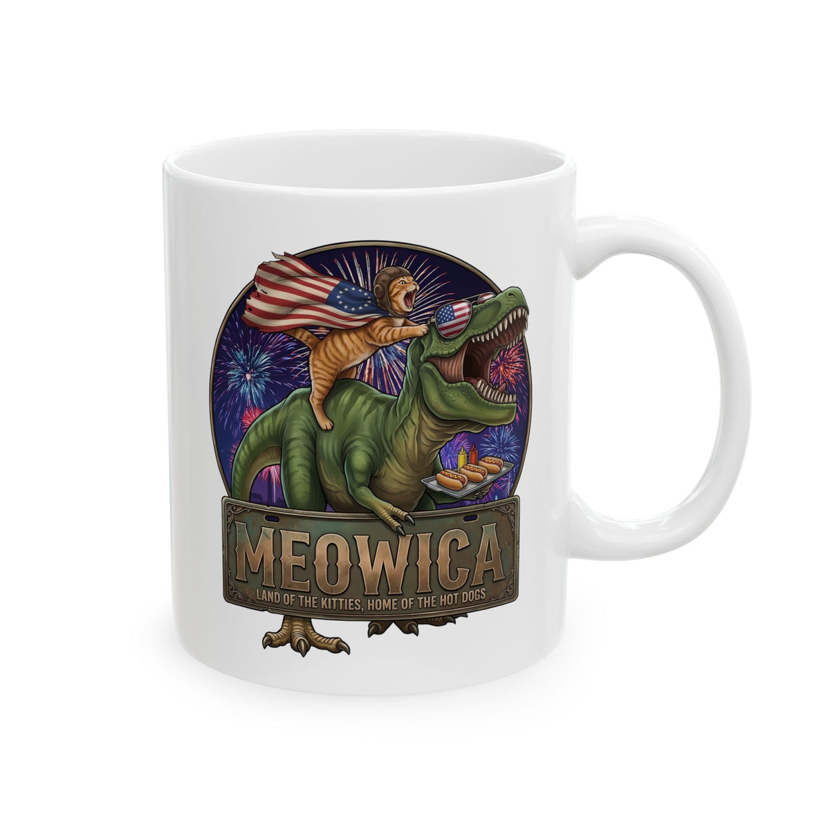 4th of July Cat Riding T‑Rex T‑Mug "Meowica: Land of the Kitties" Patriotic Graphic