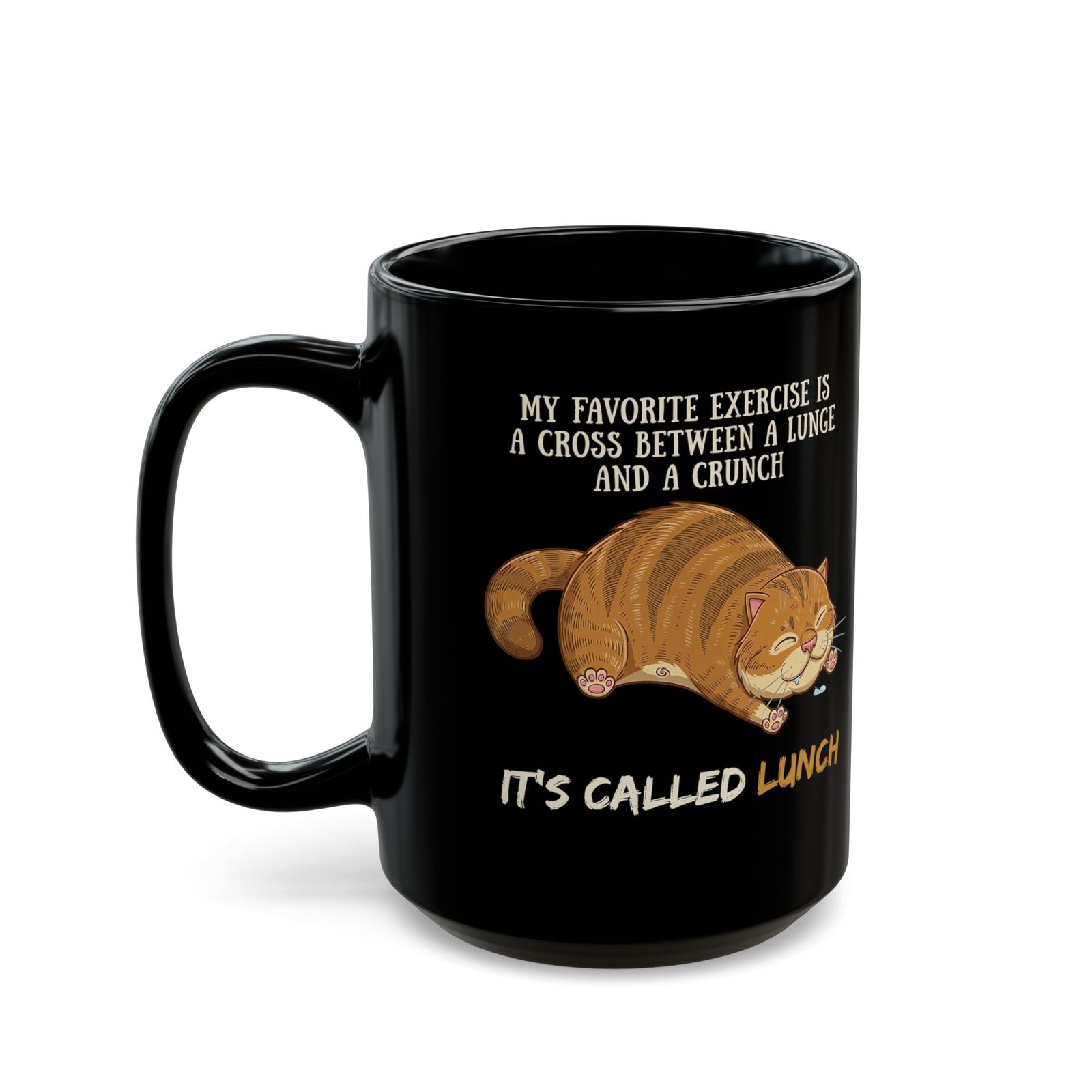 Funny Workout Cat Black Mug — "Lunge Crunch Lunch"