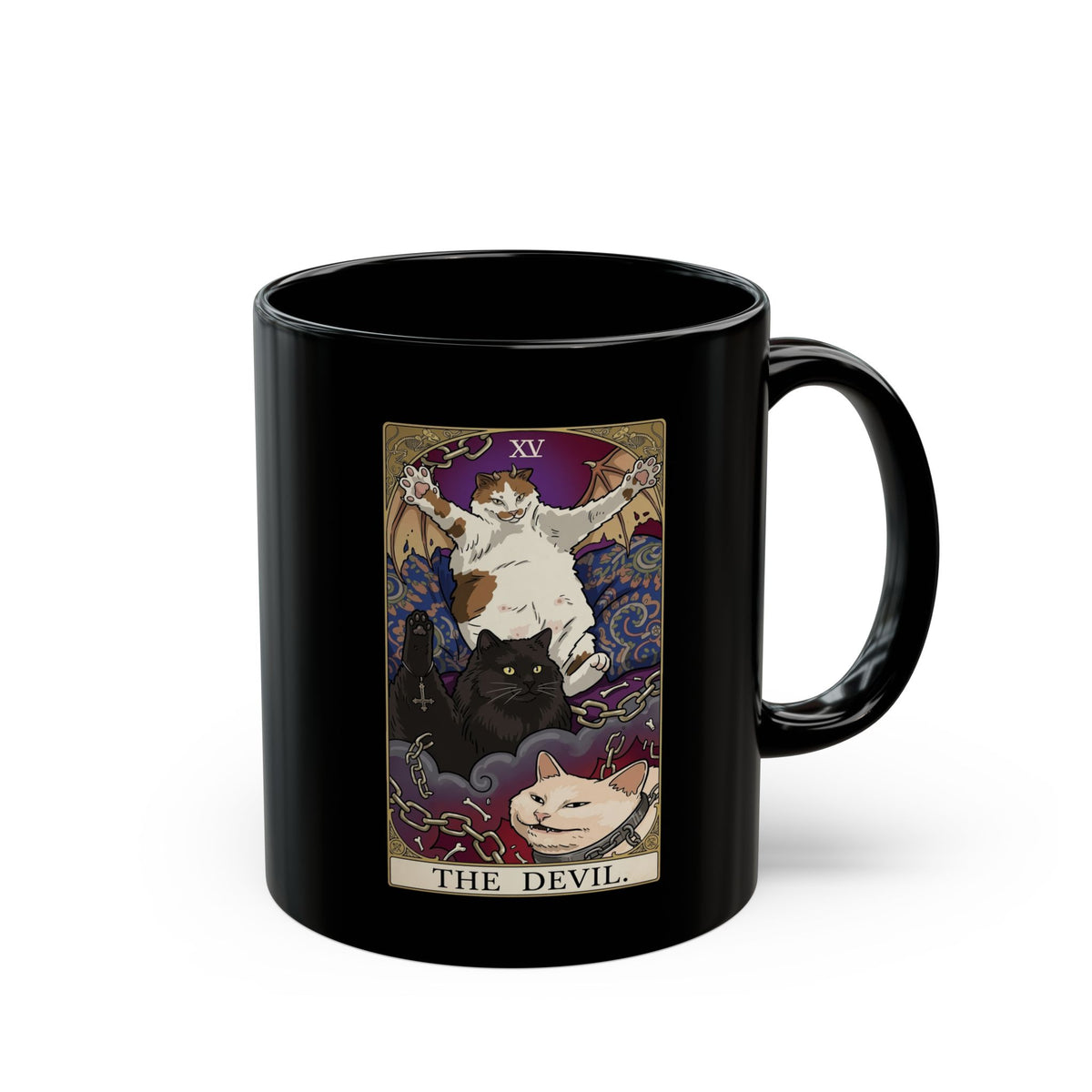 The Devil Cats Tarot Black Mug — Mystical Cat Tarot Illustration