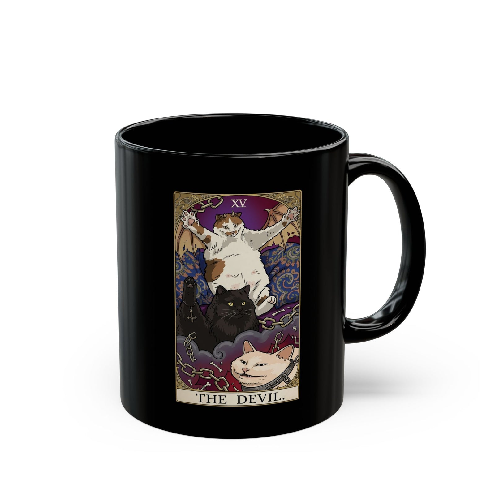 The Devil Cats Tarot Black Mug — Mystical Cat Tarot Illustration