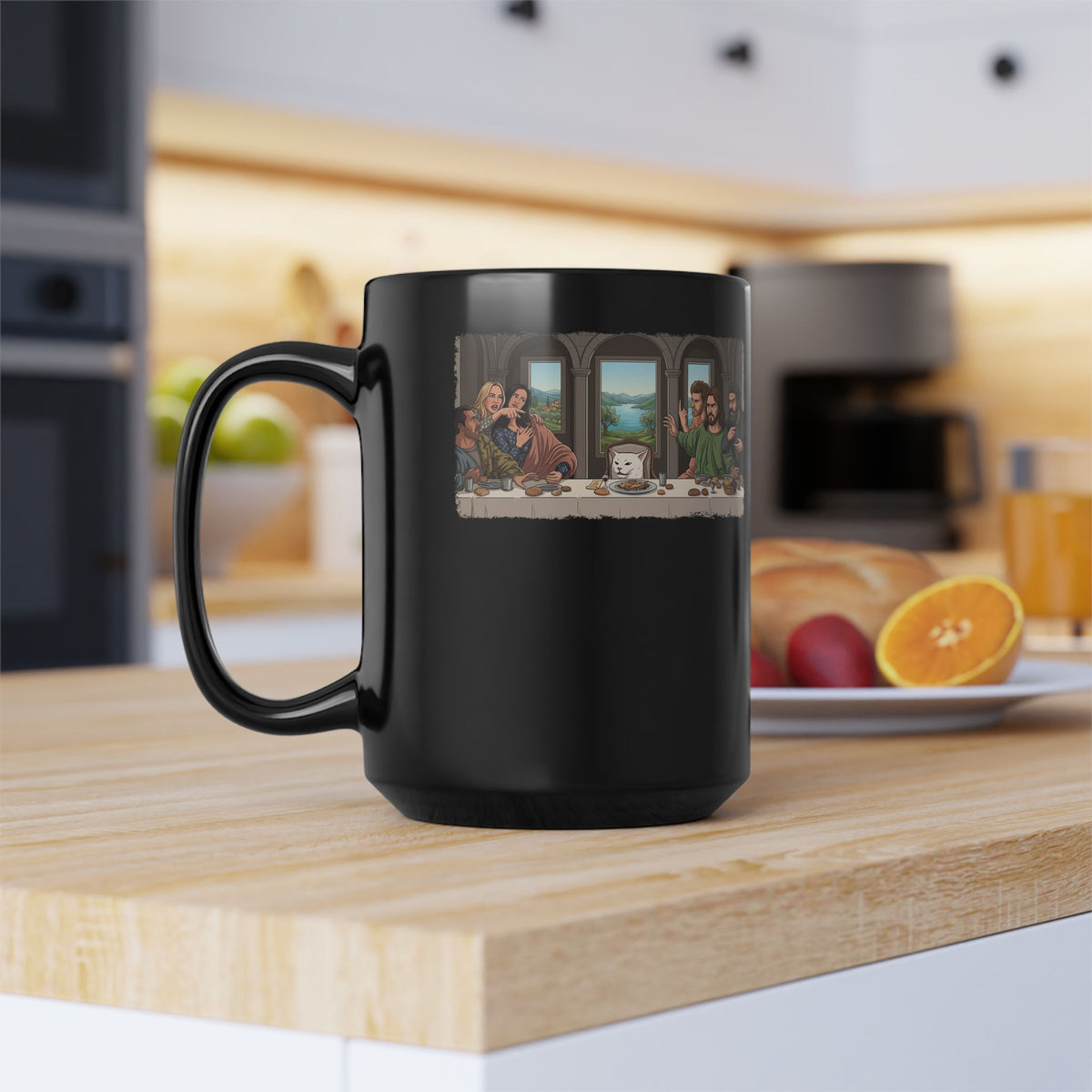 Last Supper x Woman Yelling at Cat Mug — Funny Religious Art Mashup Black Mug