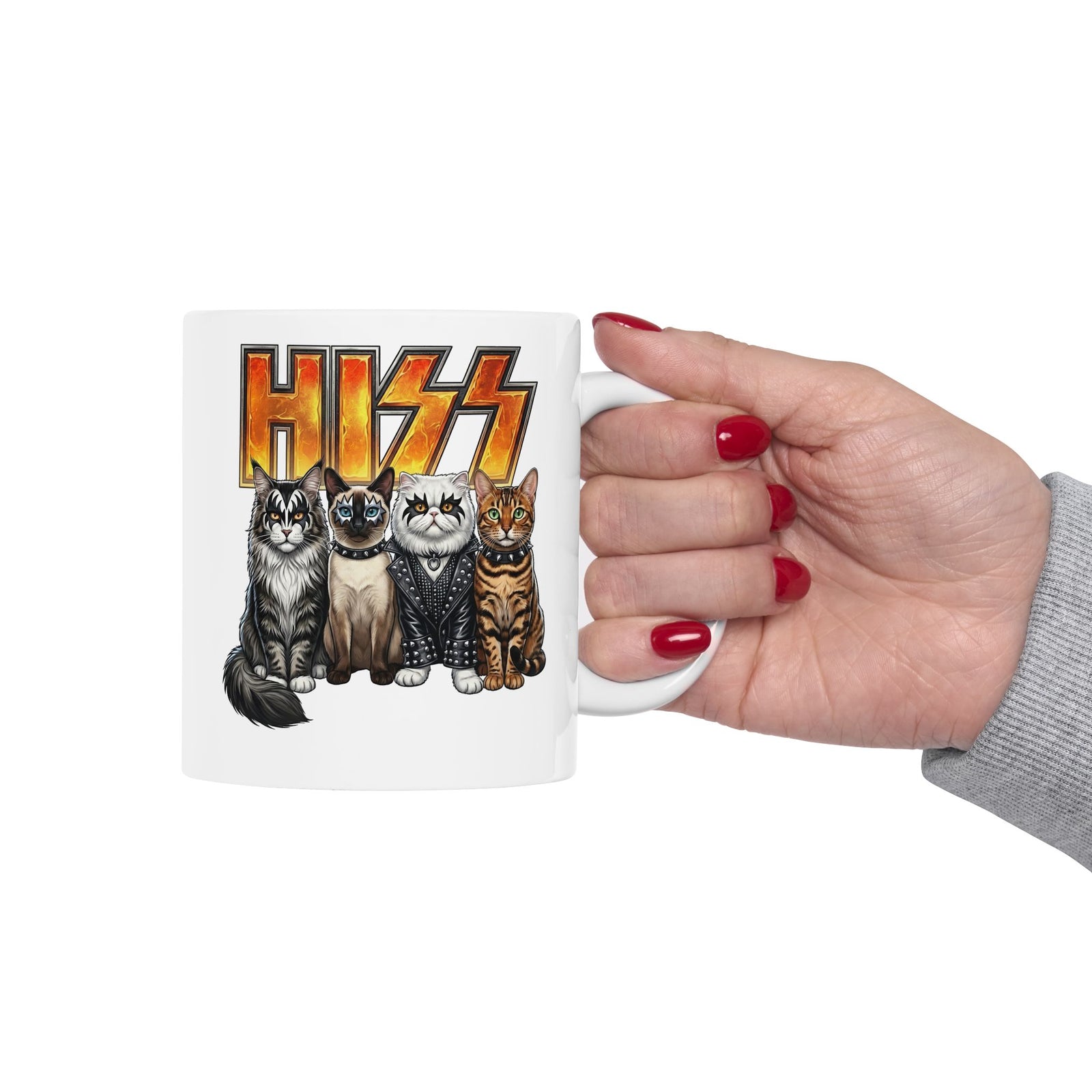 Heavy Metal Cat Hiss Ceramic Mug — Retro Rock Cat Graphic Mug