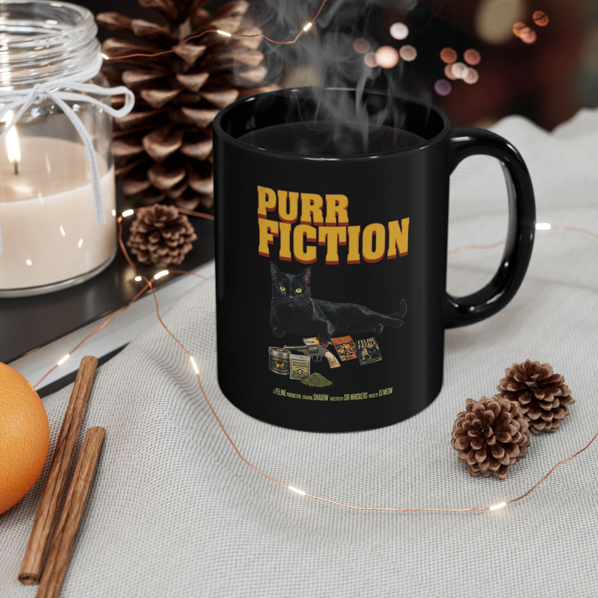Purr Fiction Cat Parody Black Mug
