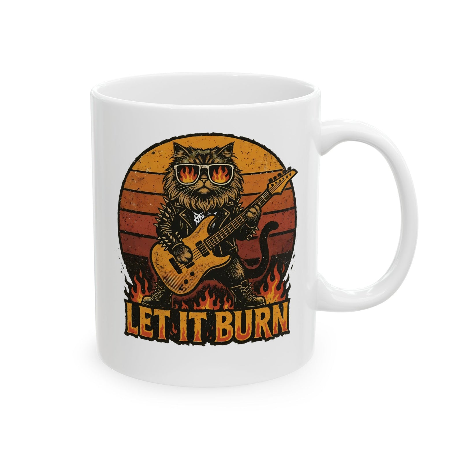 Let It Burn Rocker Cat Ceramic Mug — Heavy Metal Guitar Feline Graphic