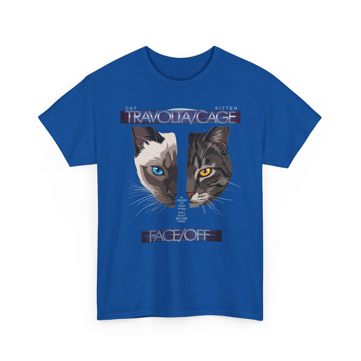 Face/Off Cat Tee — "Travolta/Cage" Split-Face Retro Movie Parody T-Shirt