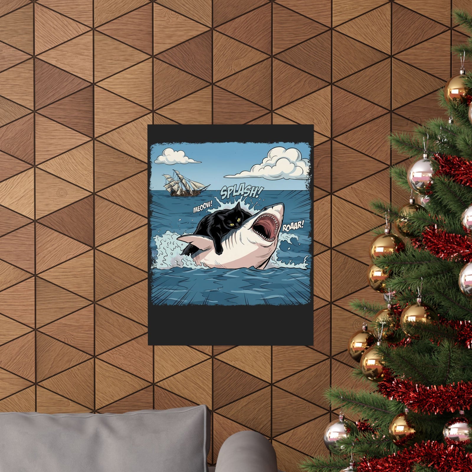 Black Cat Vs White Shark Poster — Funny Comic Book Ocean Battle Poster